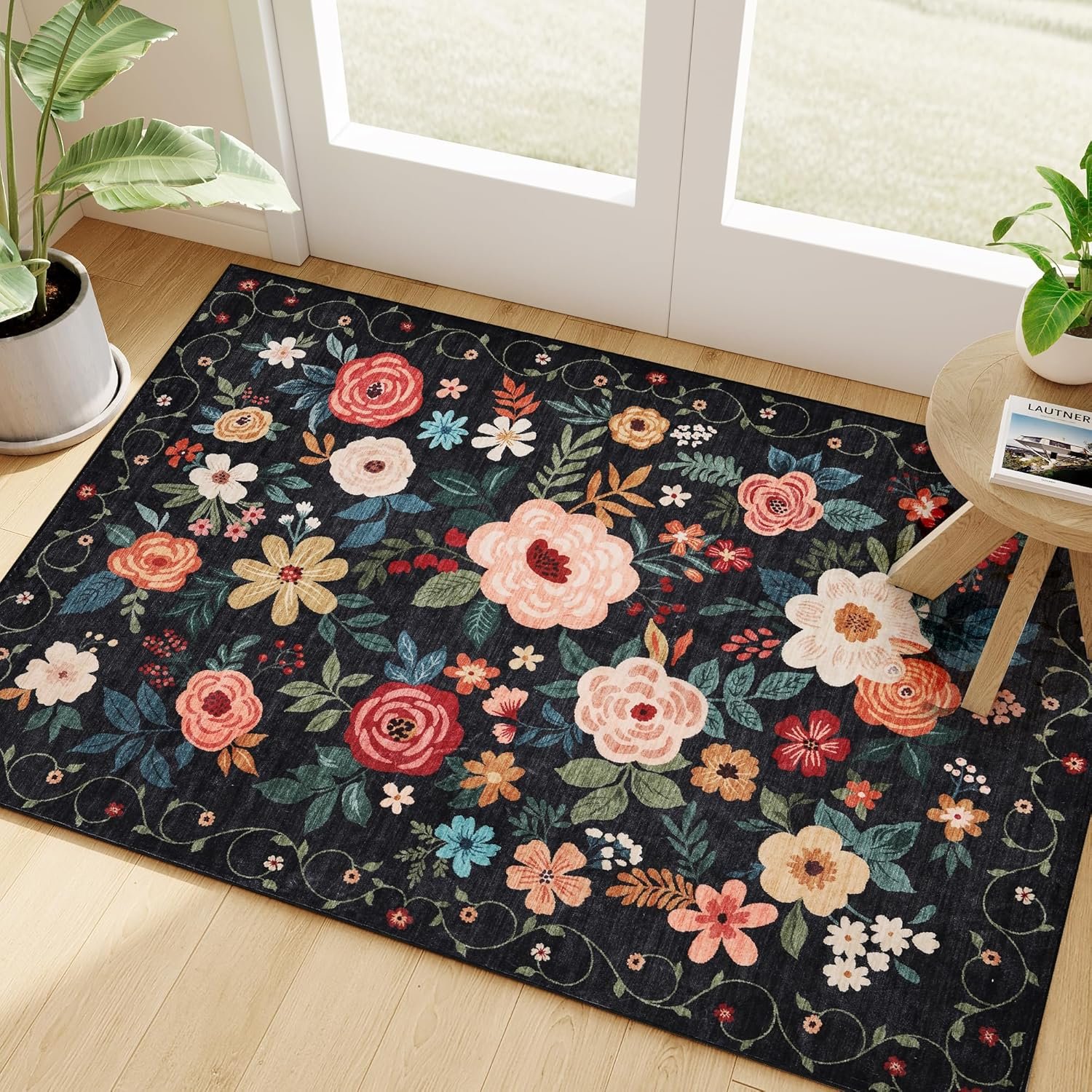 DUKINO 2×3 Rugs for Entryway, Floral Indoor Washable Door Mat, Non Slip Boho Small Rug for Kitchen, Soft Low Pile, Front Door Throw Rug for Entrance, Bedroom, Kitchen, Laundry, Bathroom, Black