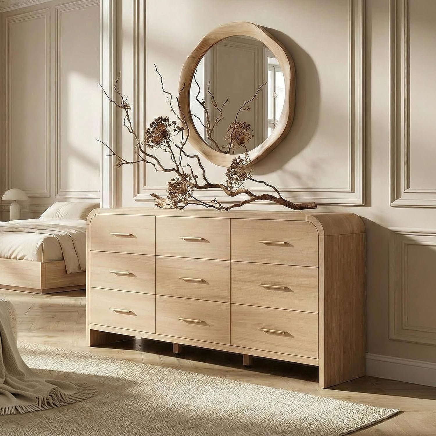 Curved 9-Drawer Dresser for Bedroom, 63″ Wide Modern Chest of Drawers, Vanity Desk TV Stand for Living Room, Closet Storage Drawers Organizer Furniture, Nursery, Hallway, Oak