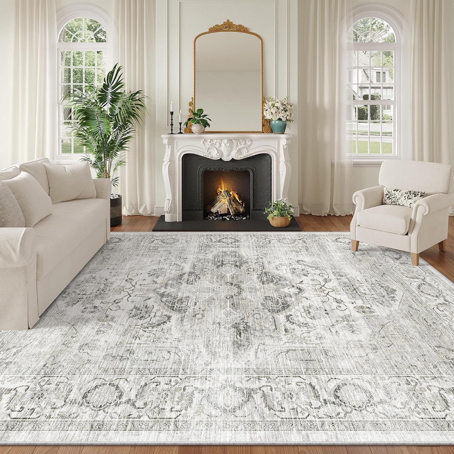 Washable 8×10 Area Rug – Large Soft Rugs for Living Room Vintage Stain Resistant Carpet for Bedroom with Non Slip Backing Home Decor Indoor Floor Mat (Ivory/Gray,8’x10′)