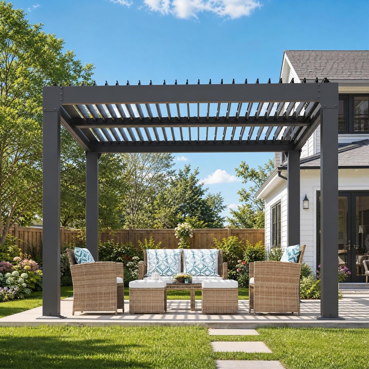 10x10FT Louvered Pergola, Metal Hardtop Pergola with Adjustable Roof for Sun & Rain Shade, Outdoor Gazebo with Integrated Drainage System, Modern Rustproof Patio Canopy Carport