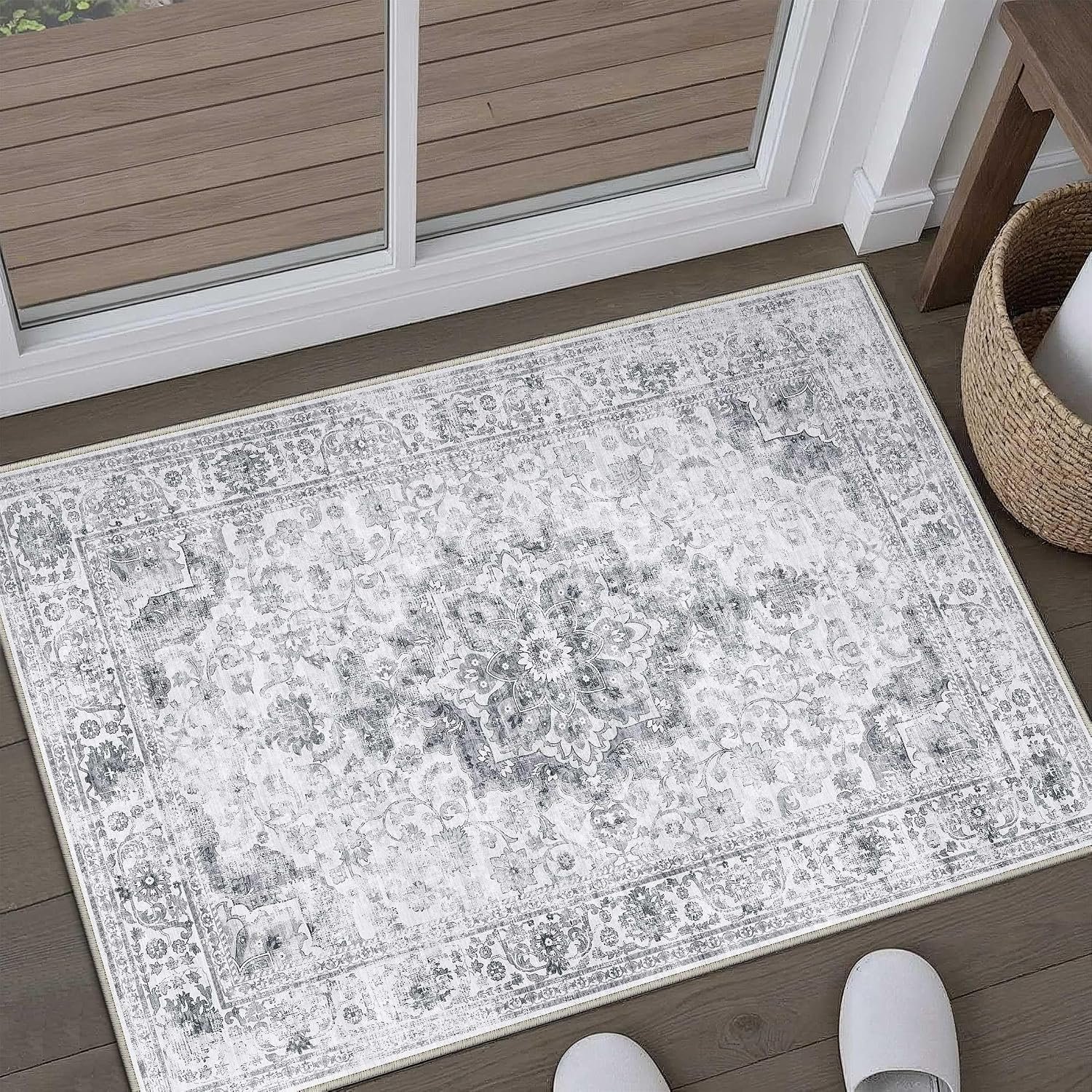 HUGEAR Washable 2×3 Entryway Area Rugs Retro Grey Small Vintage Distressed Non Slip Stain Resistant Low Pile Neutral Throw Carpet for Bedside Kitchen Entryway Home Decor