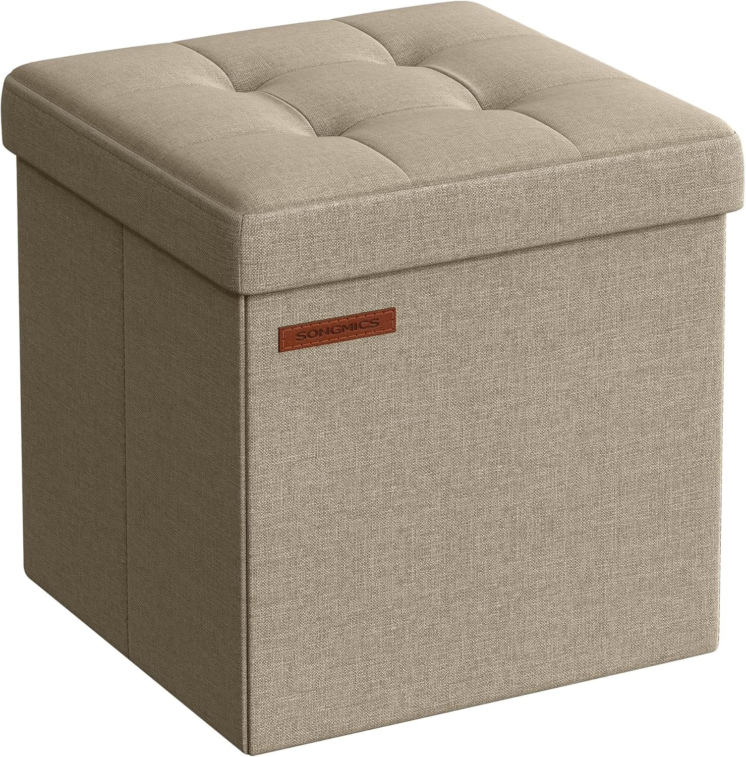 SONGMICS Storage Ottoman, Foldable Small Ottoman Foot Rest, 11.8 Inches Foot Stool, Cube Ottoman with Storage, Load up to 286 lb, for Living Room, Bedroom, Dorm, Camel Brown ULSF028K01