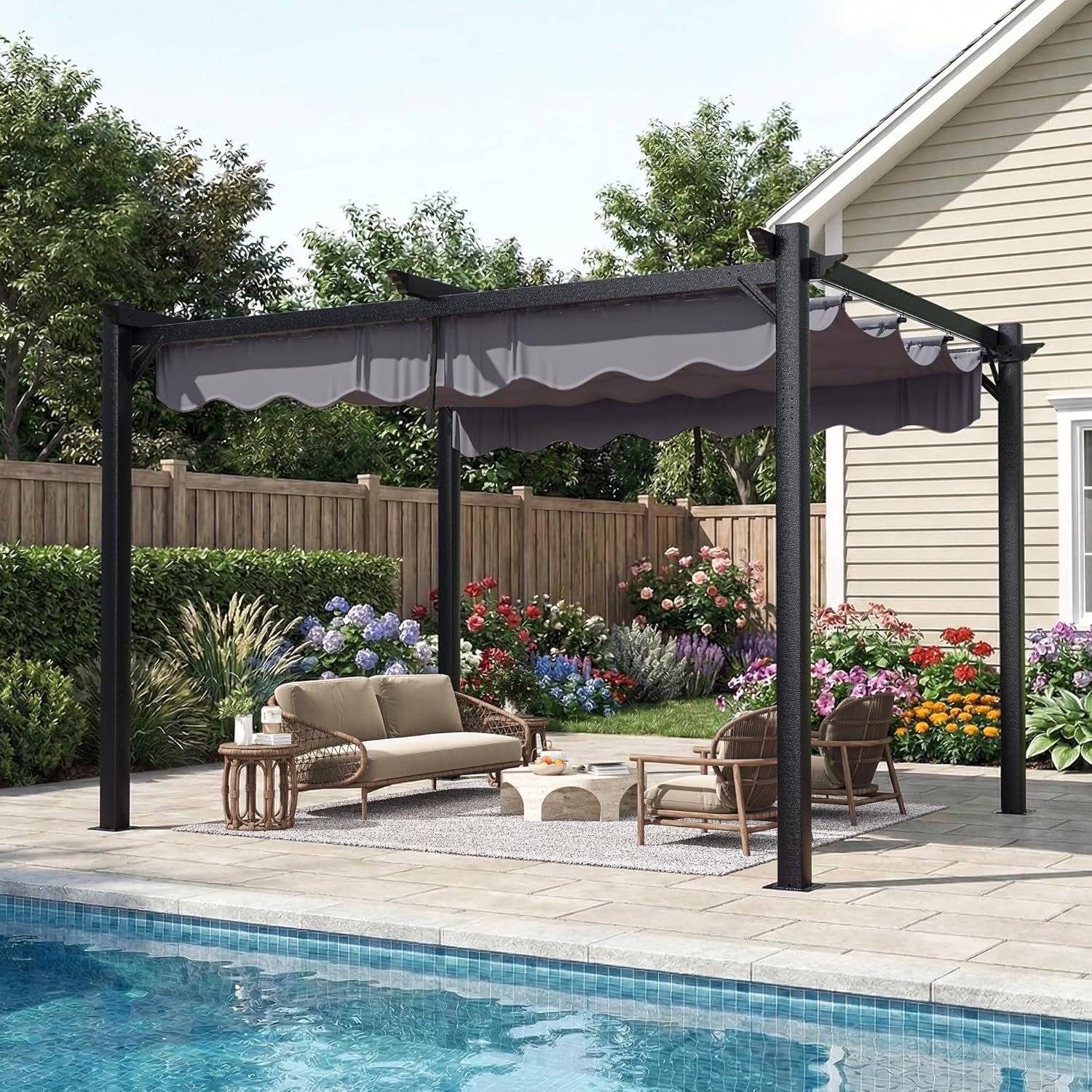 Polar Aurora 10’x12′ Outdoor Pergola with Retractable Canopy, Patio Metal Heavy-Duty Gazebo Shelter for Backyard, Deck, Garden