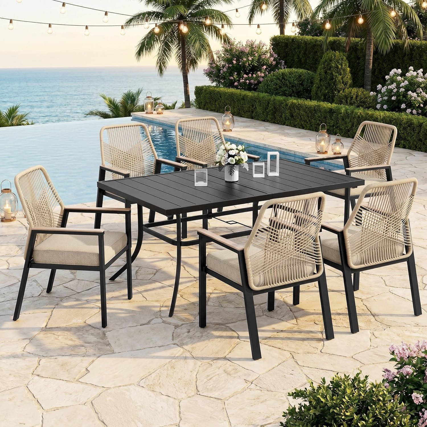 7 Pieces Patio Dining Set, 6 x Woven Rattan Chairs with Waterproof Cushion, 59″ Rectangular Metal Dining Table with Umbrella Hole, Outdoor Table and Chairs Set for Backyard Lawn and Deck, Beige