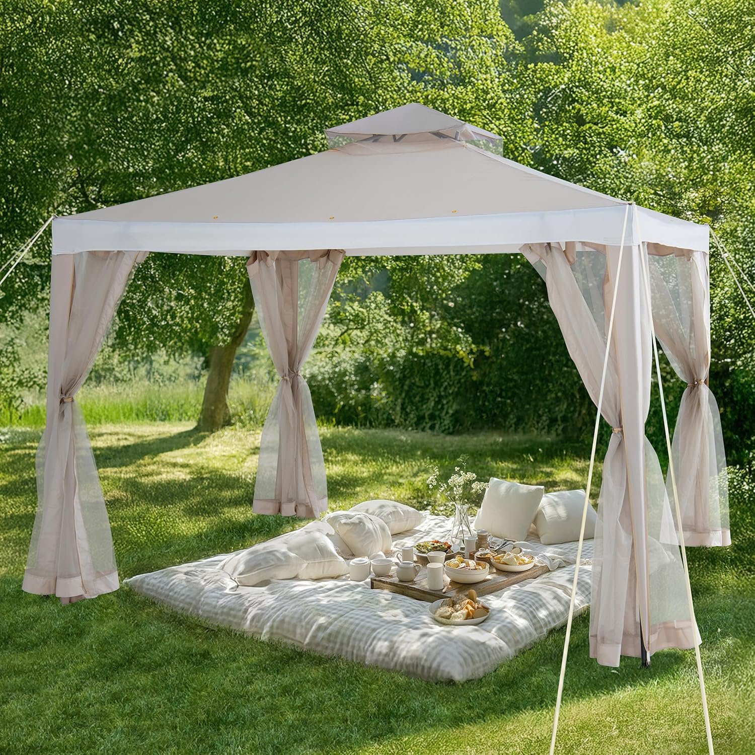 Sunjoy 10 x 10 ft. Soft Top Gazebo, Outdoor Patio Backyard Modern 2-Tier Steel Frame Gazebo with Mesh Netting – Beige & White