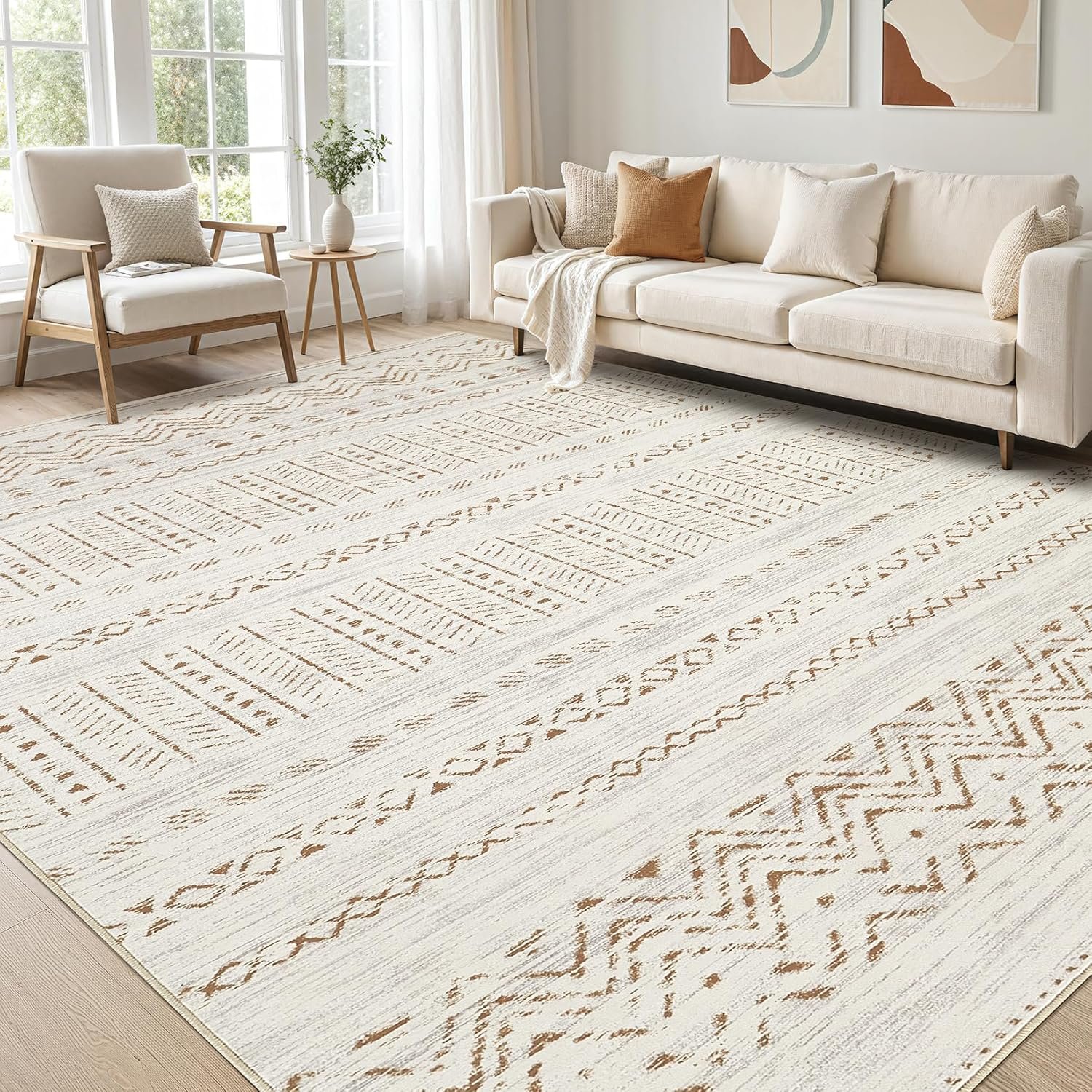 cotiled 5×7 Area Rugs Living Room Rug: Washable Boho Rugs with Non Slip Backing Large Soft Indoor Stain Resistant Carpet for Bedroom Farmhouse Dining Room Lightweight Home Decor Brown/Cream