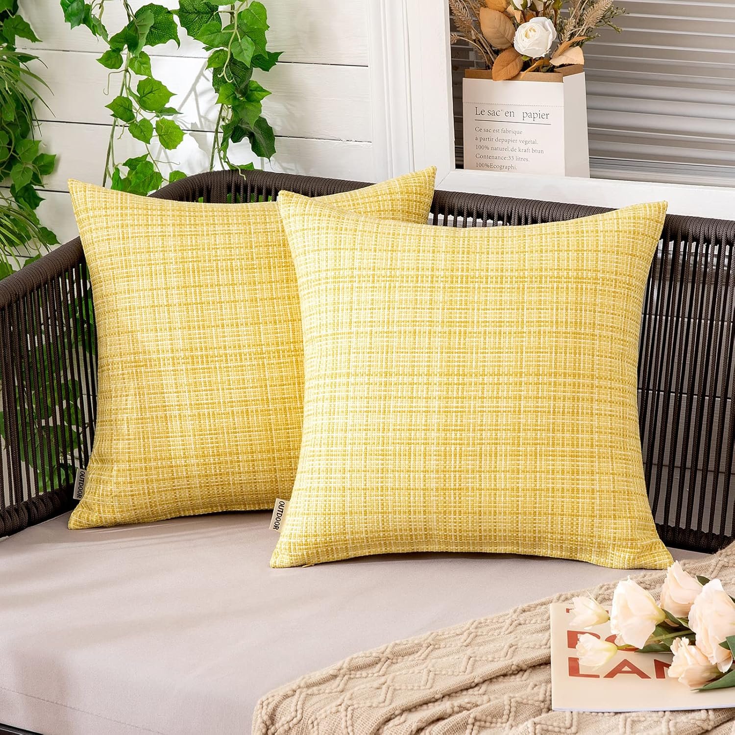 MIULEE Outdoor Waterproof Throw Pillow Covers Decorative Farmhouse Water Resistant Cushion Covers for Tent Patio Garden Couch Sofa Pack of 2, 18×18 Inch Yellow