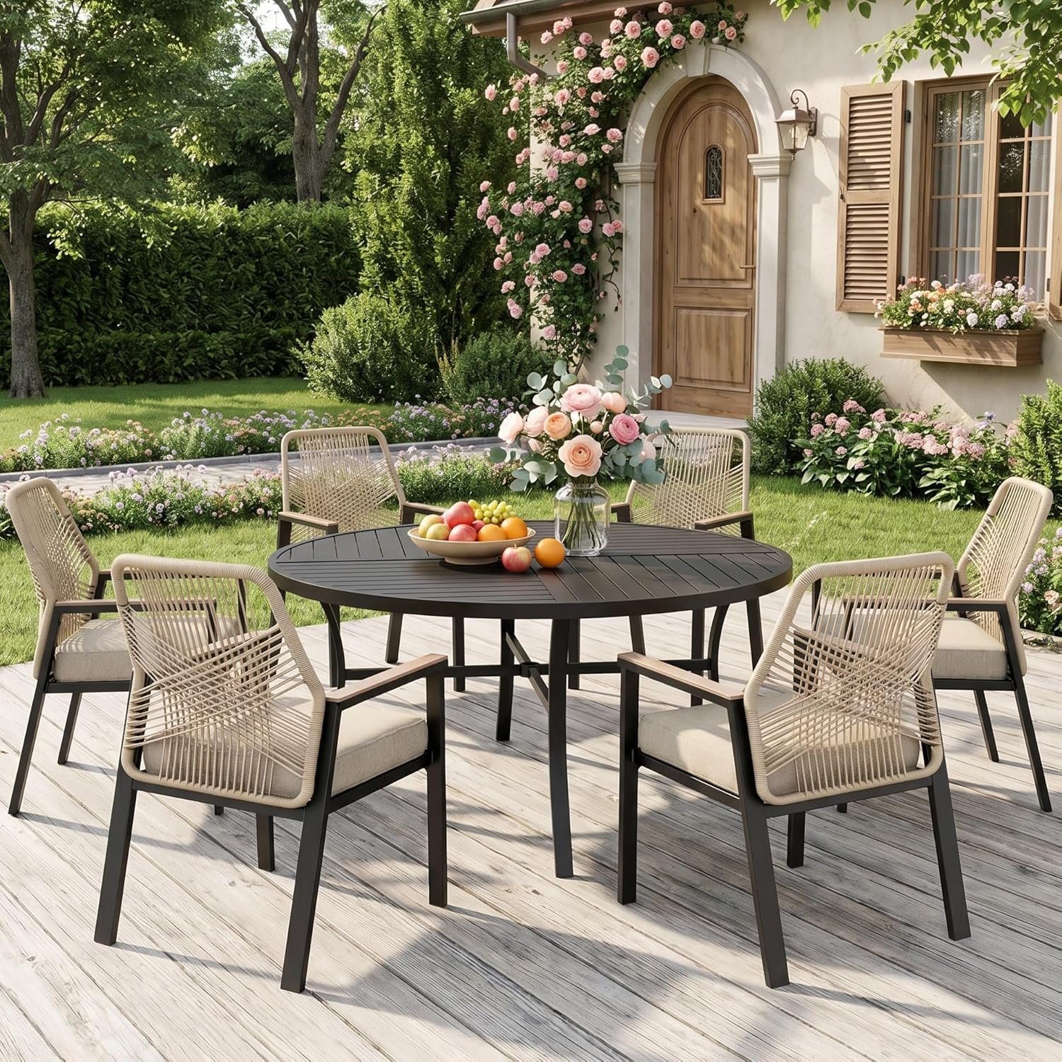 MIXPATIO 7 Pieces Round Outdoor Dining Set for 6, Patio Dining Set Wicker Rattan Chairs with Soft Cushion and 54″ Round Table with Umbrella Hole, Round Patio Table and Chairs for Backyard Porch