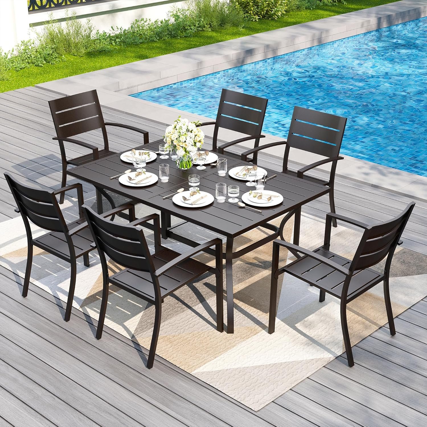 PHI VILLA 7 Pieces Outdoor Patio Dining Set for 6, 60”Rectangular Metal Steel Table with Umbrella Hole & Stackable Wrought Iron Chairs, Outside Furniture Set for Deck, Porch, Backyard
