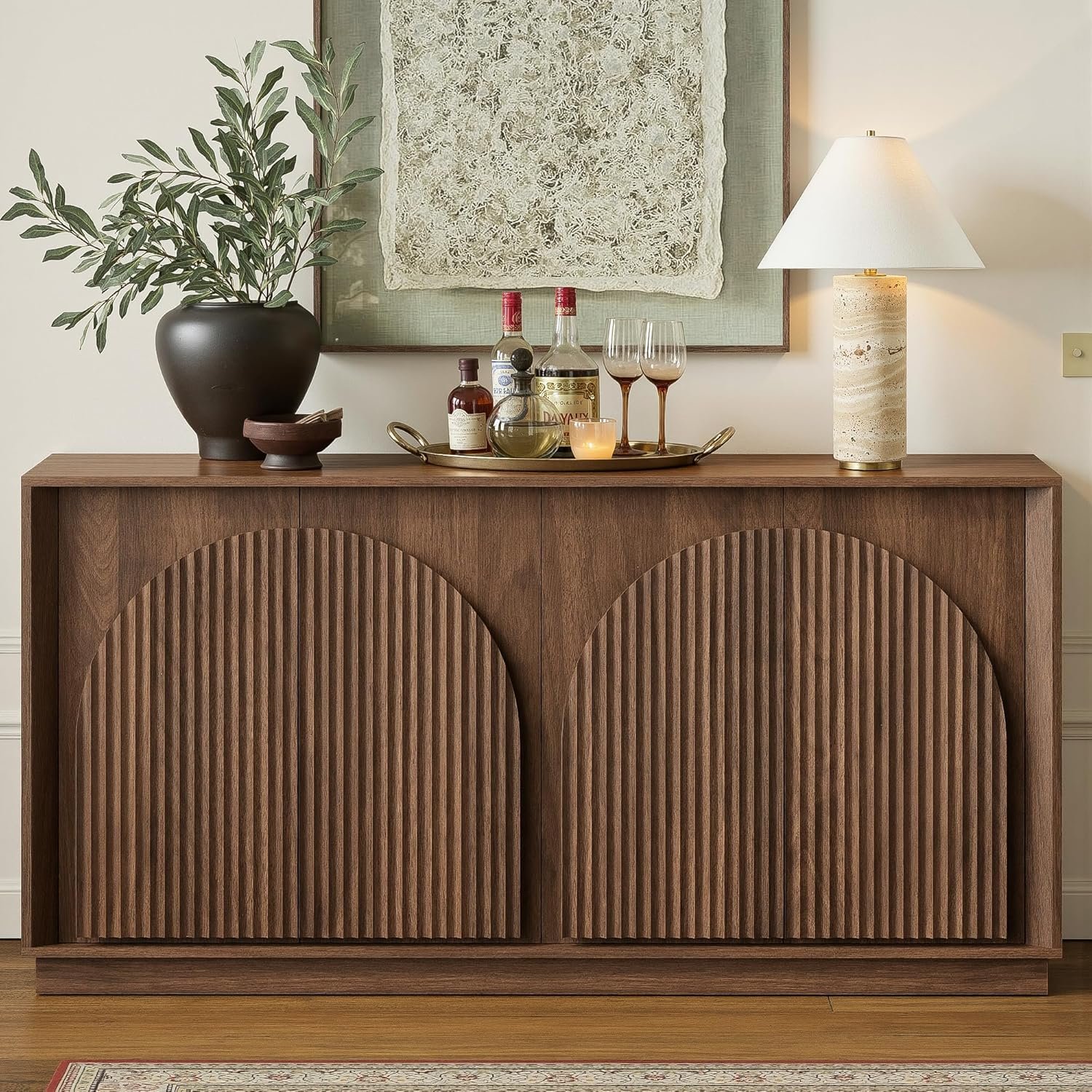 win2win Fluted Sideboard Buffet Cabinet with Storage, 65″ Mid Century Modern Accent Cabinet with Double-Layered Arch Doors,Wood Media TV Console Table Credenza for Living Room Hallway Entryway,Walnut