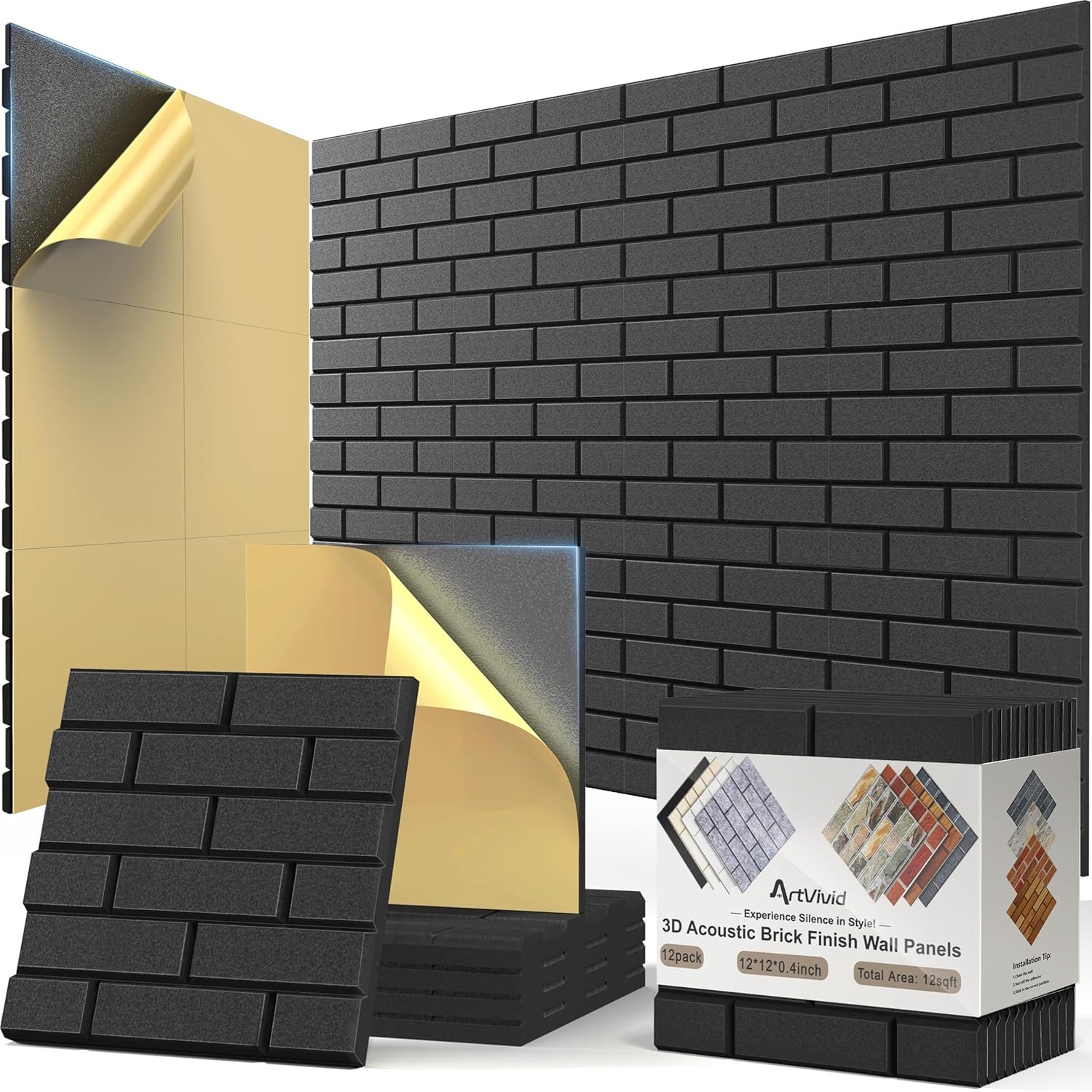 ArtVivid 12Pack Acoustic Panels, 12″×12″×0.4″ Self-Adhesive 3D Brick Pattern Sound Proof Panels for Walls, Decorative Sound Dampening Wall Panels for Recording Studios, Offices, Home, Black