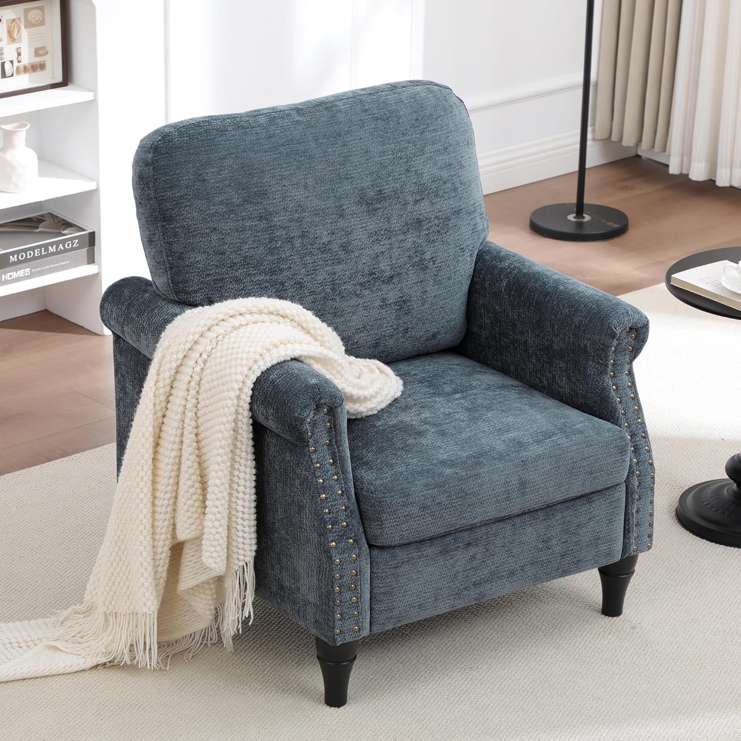 Accent Chair for Living Room, Modern Mid Century Reading Chair Armchair High Back Upholstered Armchair with Wooden Legs for Living Room Bedroom Office (Blue, 1PCS)