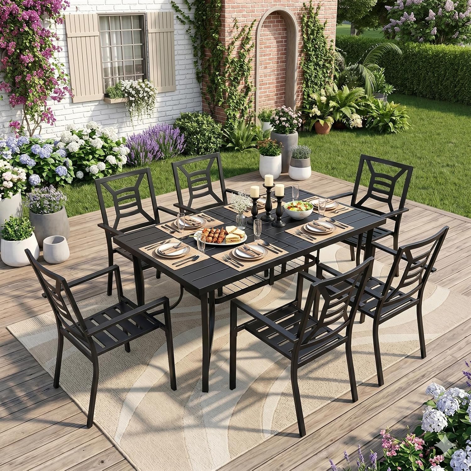 7 Pieces Patio Dining Set for 6, Large 60″ Outdoor Metal Table with Universa Umbrella Hole & Stackable Iron Chairs, Patio Furniture Set for Deck, Backyard, Yard, Porch