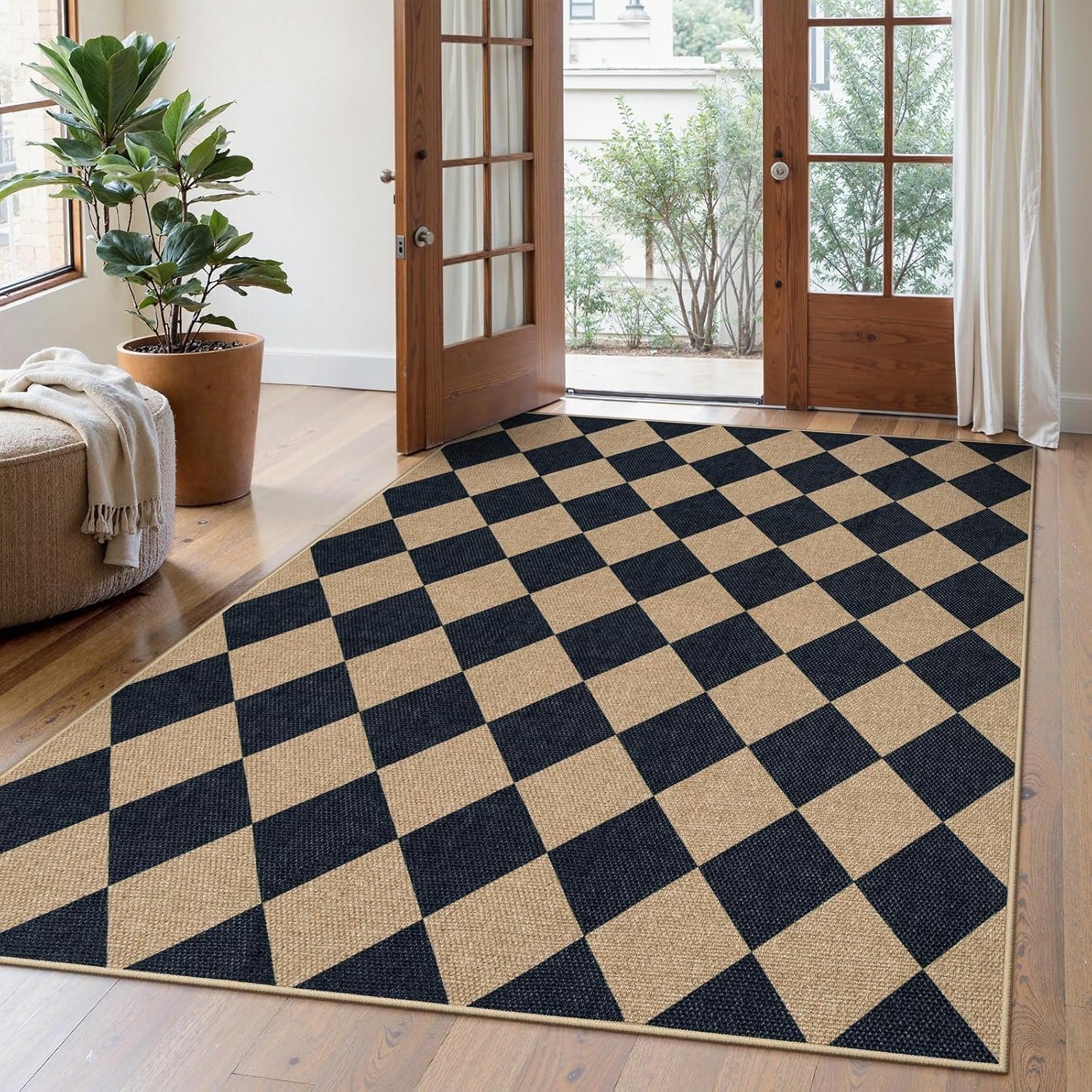 Lahome Checkered Easy Jute 5×7 Area Rugs, Washable Outdoor Patio Rug for Living Room Diamond Indoor Outdoor Carpet, Farmhouse Geometric Non Slip Black Carpet for Backyard Dining Room