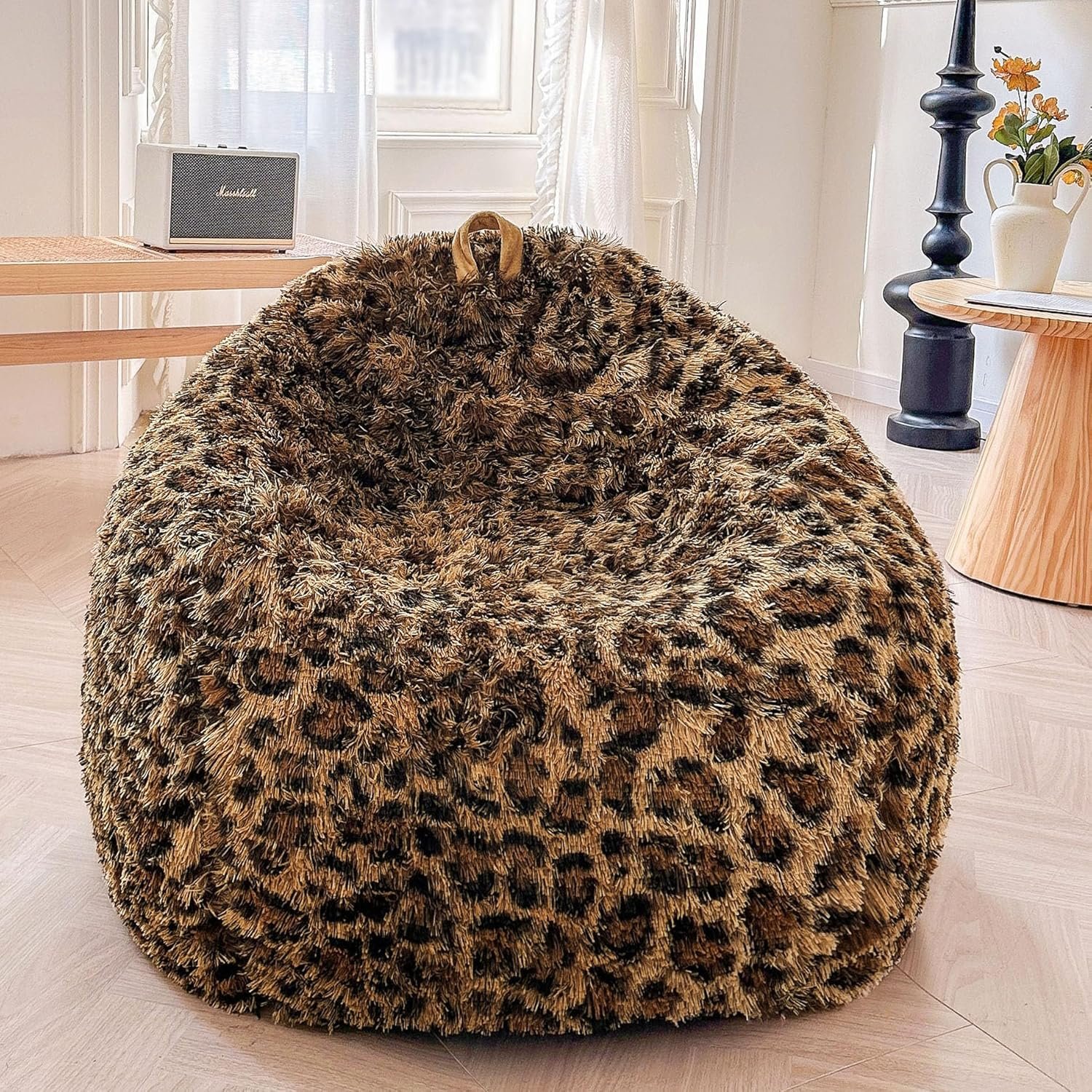 XeGe Faux Fur Leopard Print Bean Bag Chair Cover (No Filler), Fluffy Stuffed Animal Storage Cheetah Bean Bag Home Decor, Furry Fuzzy Big Beanbag Cover for Adults Teens Kids Girls, Anti-slip, Brown