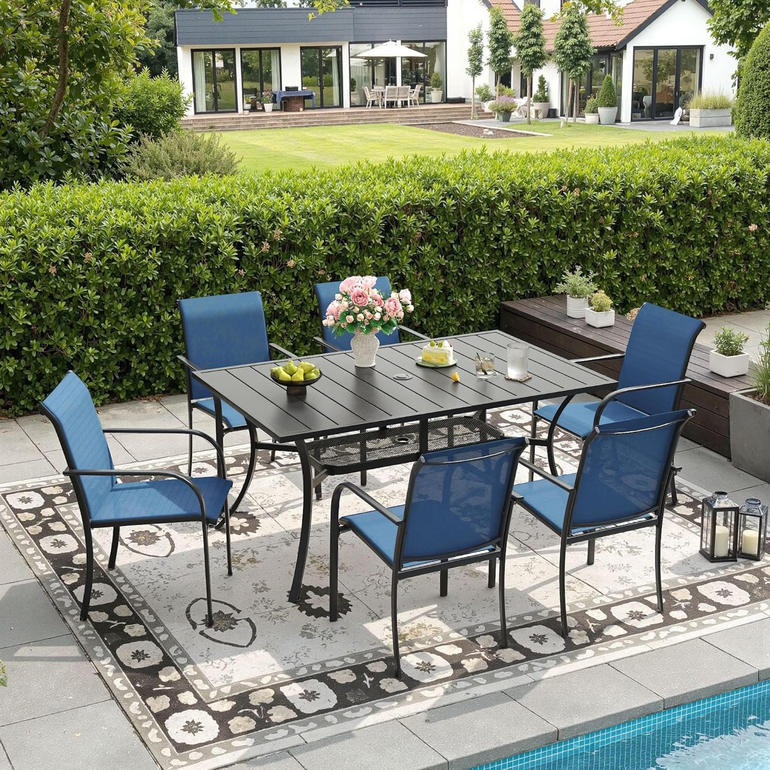 DIFY 7 Pieces Patio Dining Set for 6, Patio Furniture Includes Blue Stackable Sling Outdoor Chairs and 59.2″ Rectangle Metal Black Table