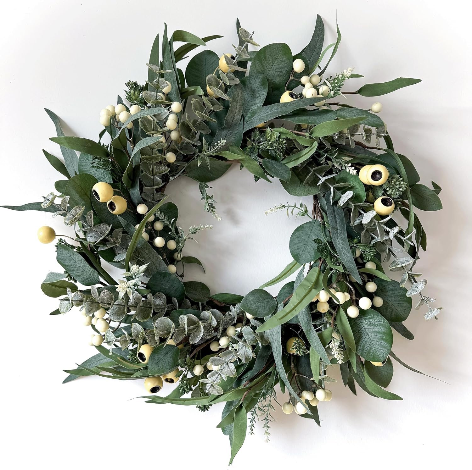 HomeKaren Wreaths for Front Door 22 Inch, All Season Greenery Wreath Olive Eucalyptus Leaves and White Mixed Berry for Indoor Outdoor Farmhouse Home Porch Wall Window Festival Wedding Decor