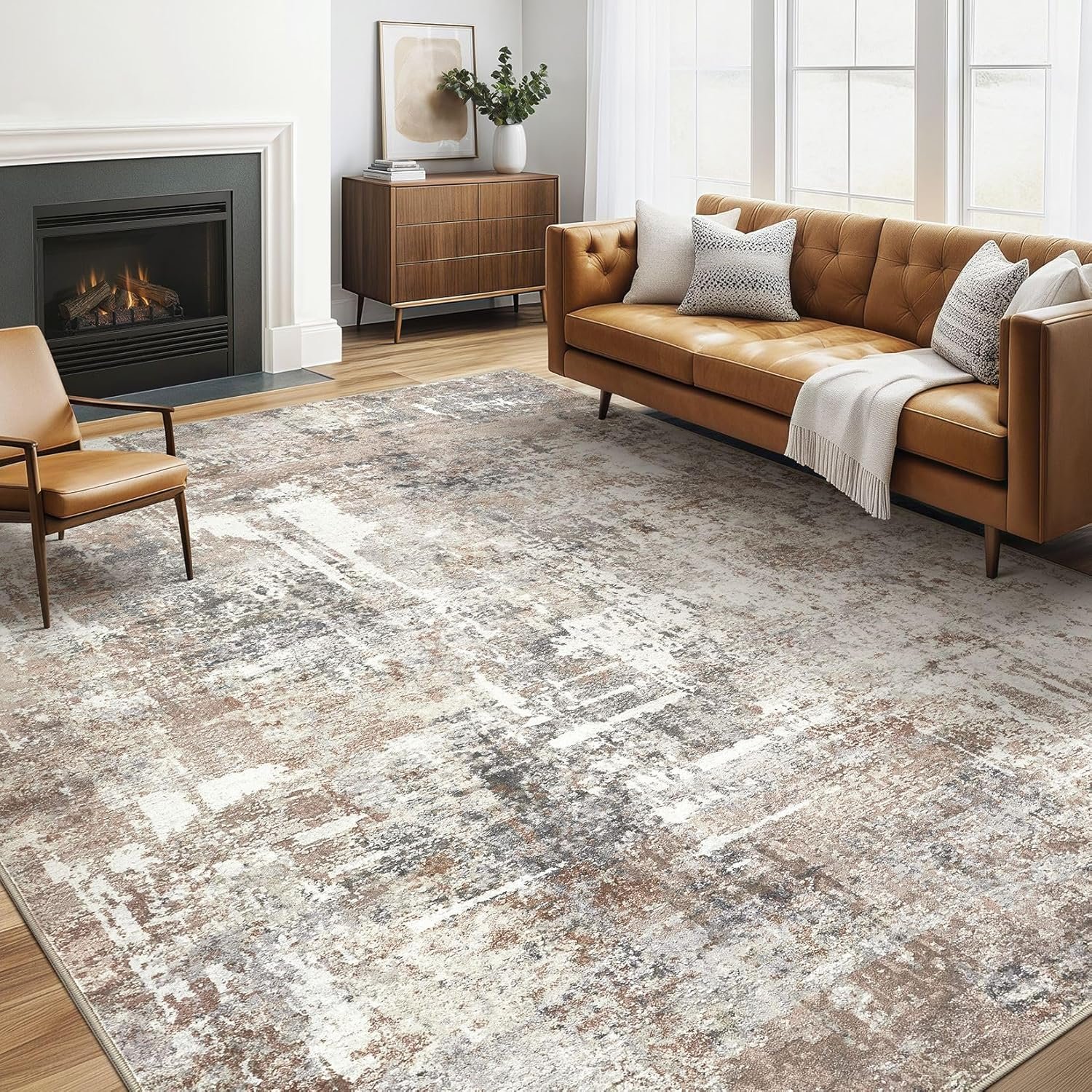 6×9 Area Rugs Washable Rug: Large Abstract Modern Soft Stain Resistant Indoor Floor Non Slip Accent Carpet for Living Room Bedroom Nursery Playroom Dining Room Office Dorm Home House Decor- Brown