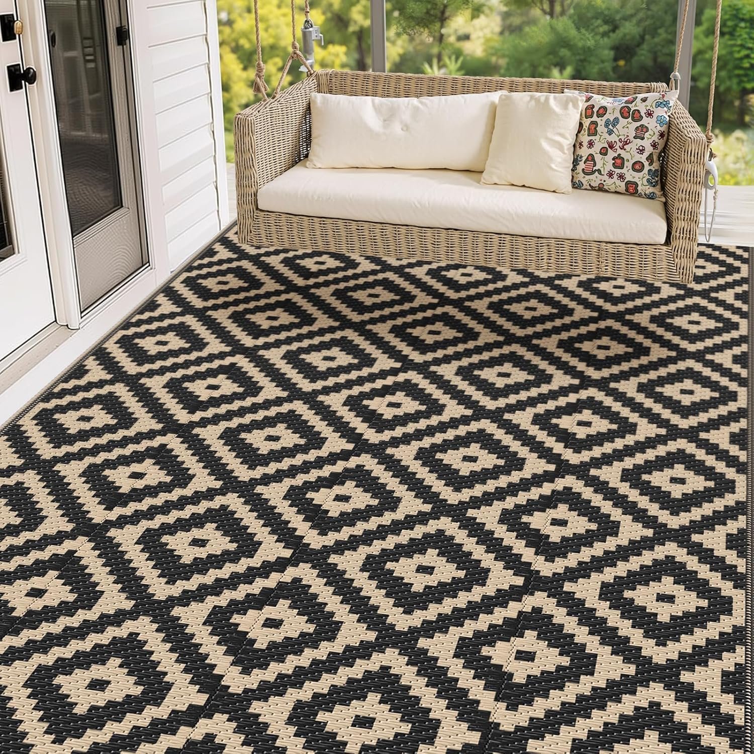 Mattitude Waterproof Outdoor Rug 5×8 Ft Outdoor Plastic Straw Rug Reversible Patio Rug Large Outdoor Carpet Area Rug for Patio Backyard Picnic Beach Camping RV Black & Beige