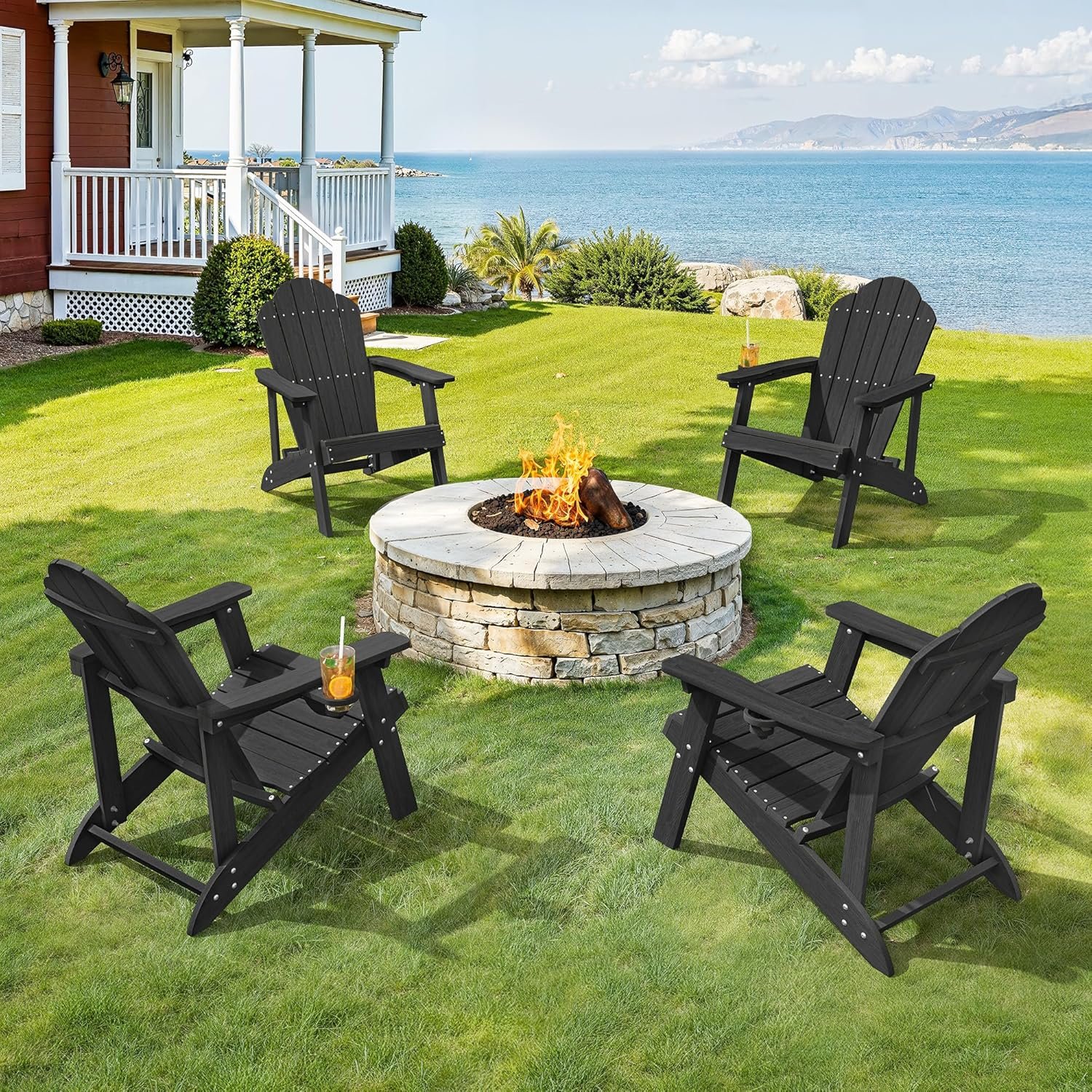 LUE BONA HDPE Adirondack Chairs Set of 2 – Weather Resistant Seating with Cup Holder for Porch, Patio, Deck & Fire Pit, Black