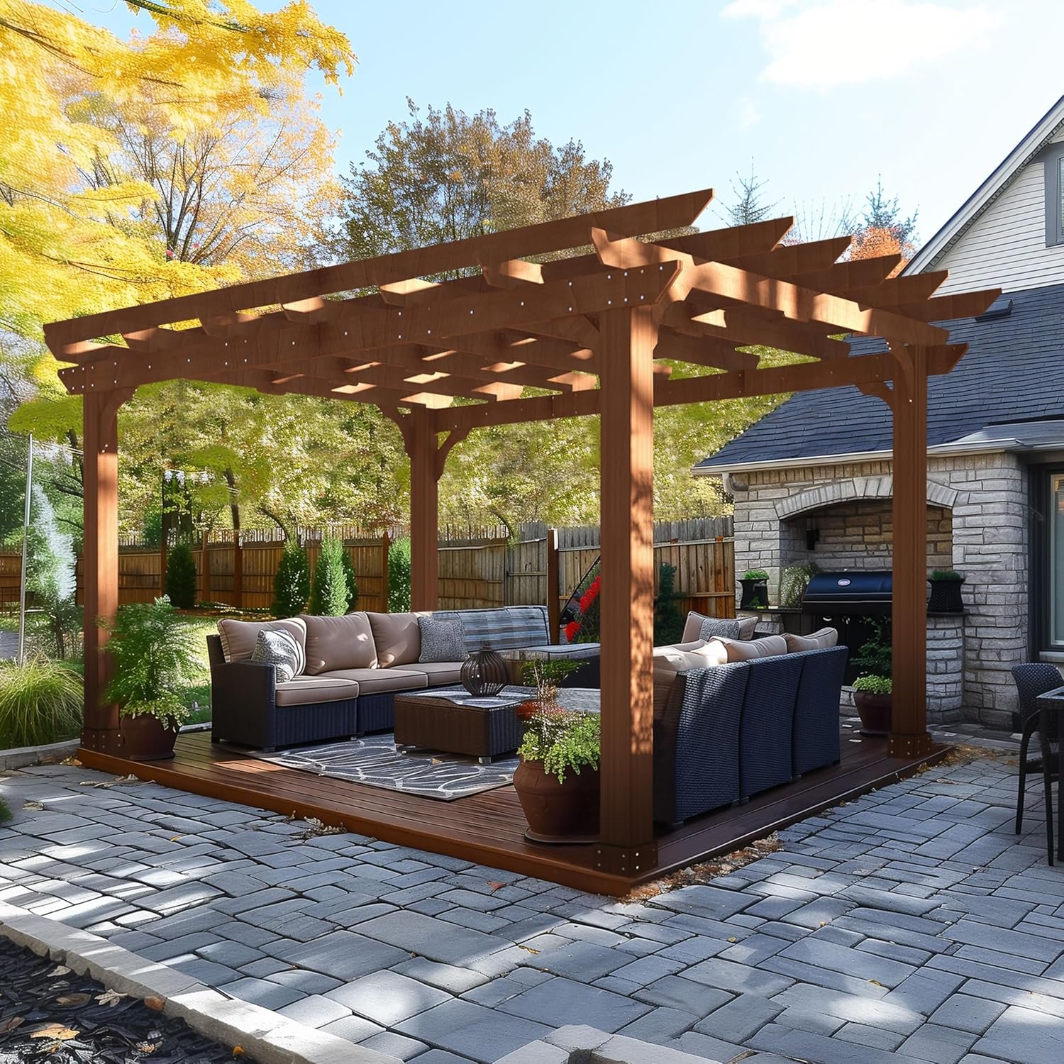 BlueWish 10′ x 12′ Patio Pergola, Cedar Wood Pergolas with Solid Structure, Pergola Kits, Outdoor Pergolas and Gazebos with Slatted Trellis Roof for Deck Backyard Grill Party Garden