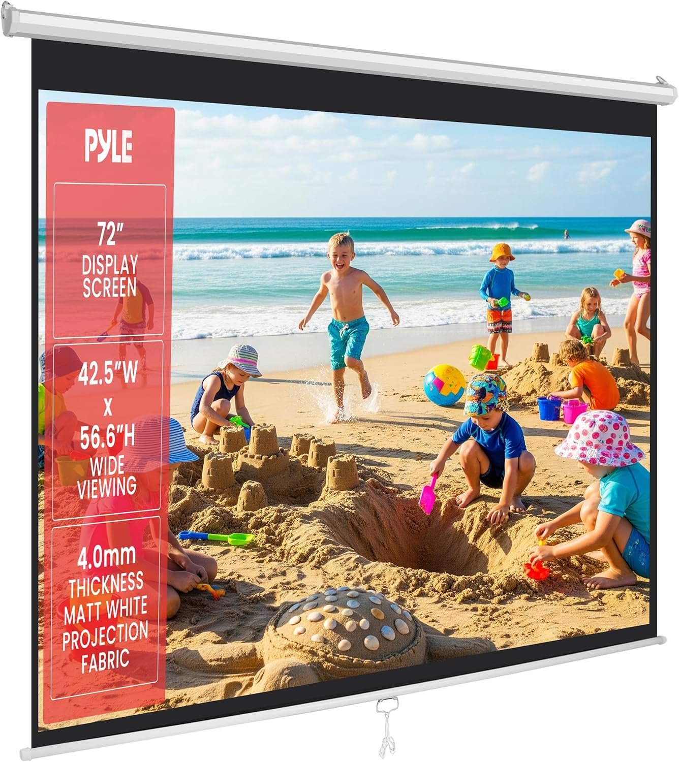 Pyle 72-Inch Manual Pull Down Projector Screen, Matte White Projection Surface, Ceiling or Wall Mount Screen Projector with Auto-Lock & Black Border for Home Theater or Office (42.5″ x 56.6″)