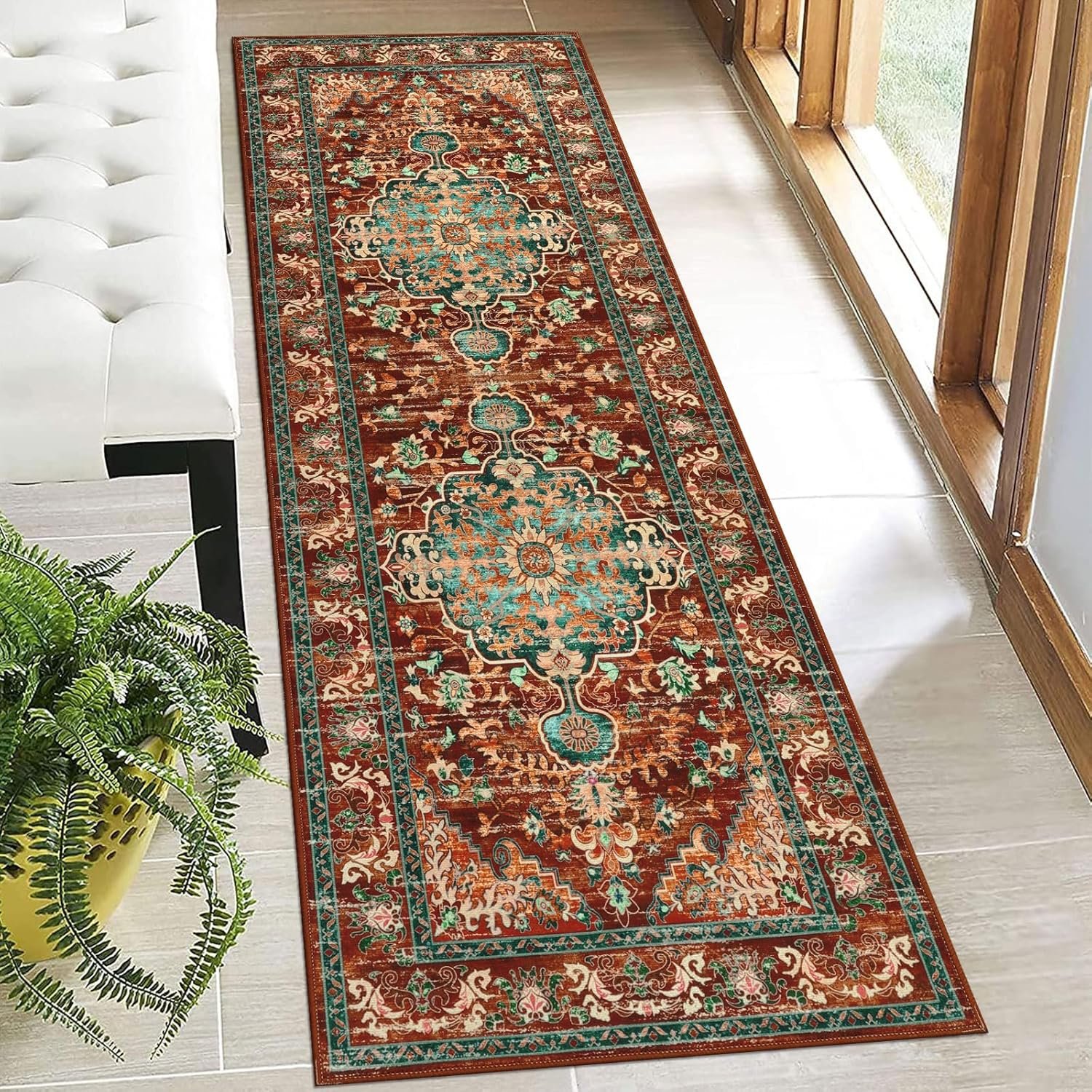 U’Artlines 2′ x 6′ Boho Hallway Runner Rug, Non Slip Washable Vintage Farmhouse Accent Area Rug Carpet for Kitchen Entryway Laundry and Living Room (Rust＆Teal)