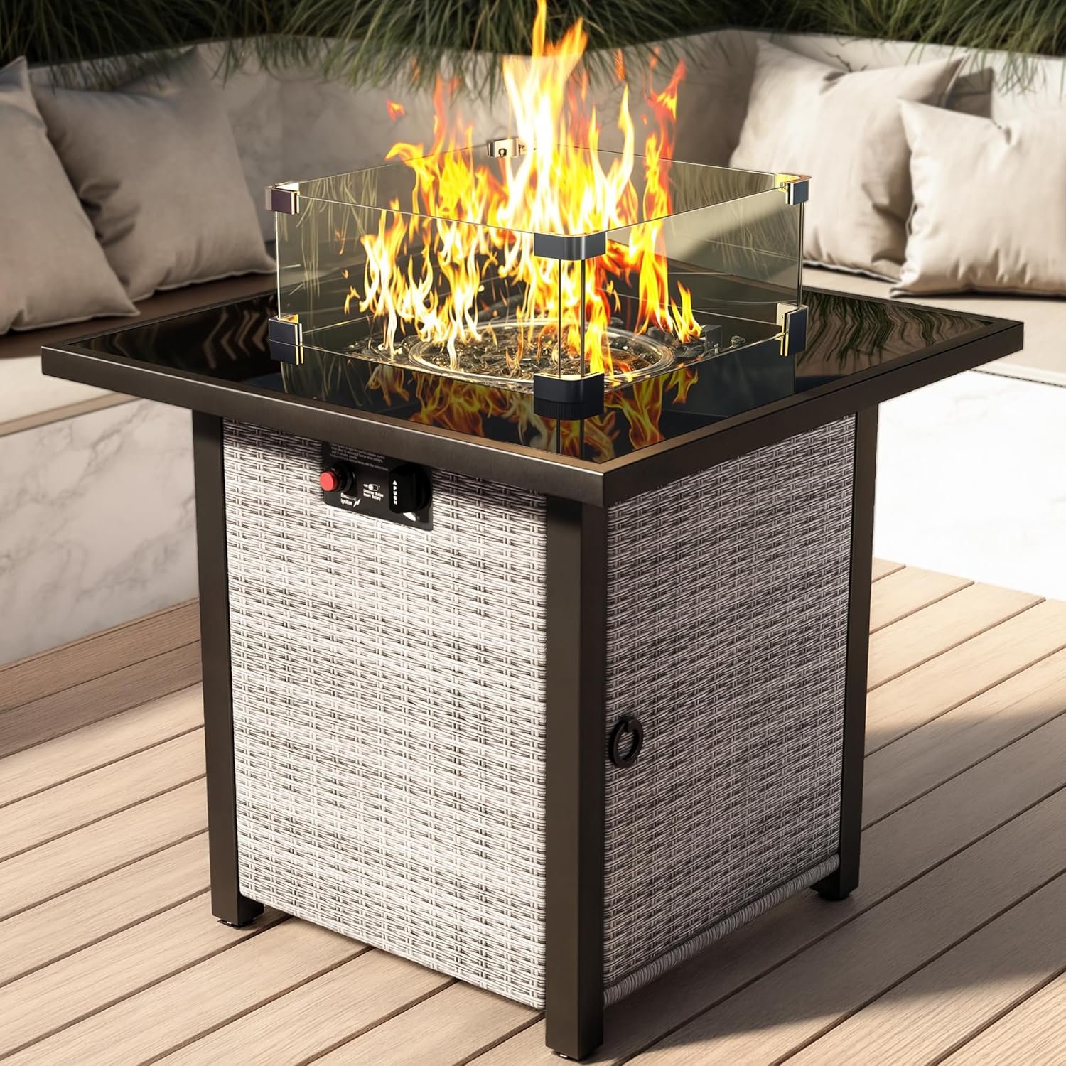 Propane Outdoor Fire Pit Table, 28″ Rattan Square Fire Pit Table, Outdoor Gas FirePit With Glass Wind Guard, Tempered Glass Tabletop, Lid, CSA Listed, 50,000 BTU, Outside Patio & Garden, Grayish-White