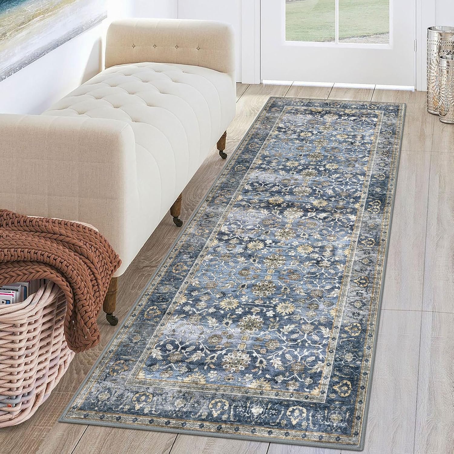 KUTA Vintage Washable Runner Rug, 2×6 Blue Grey Beige Runners for Hallways Non-Slip Kitchen Bathroom Rugs Ultra Thin Soft Printed Oriental Floral Floor Carpet for Laundry Bedroom Living Room Nursery