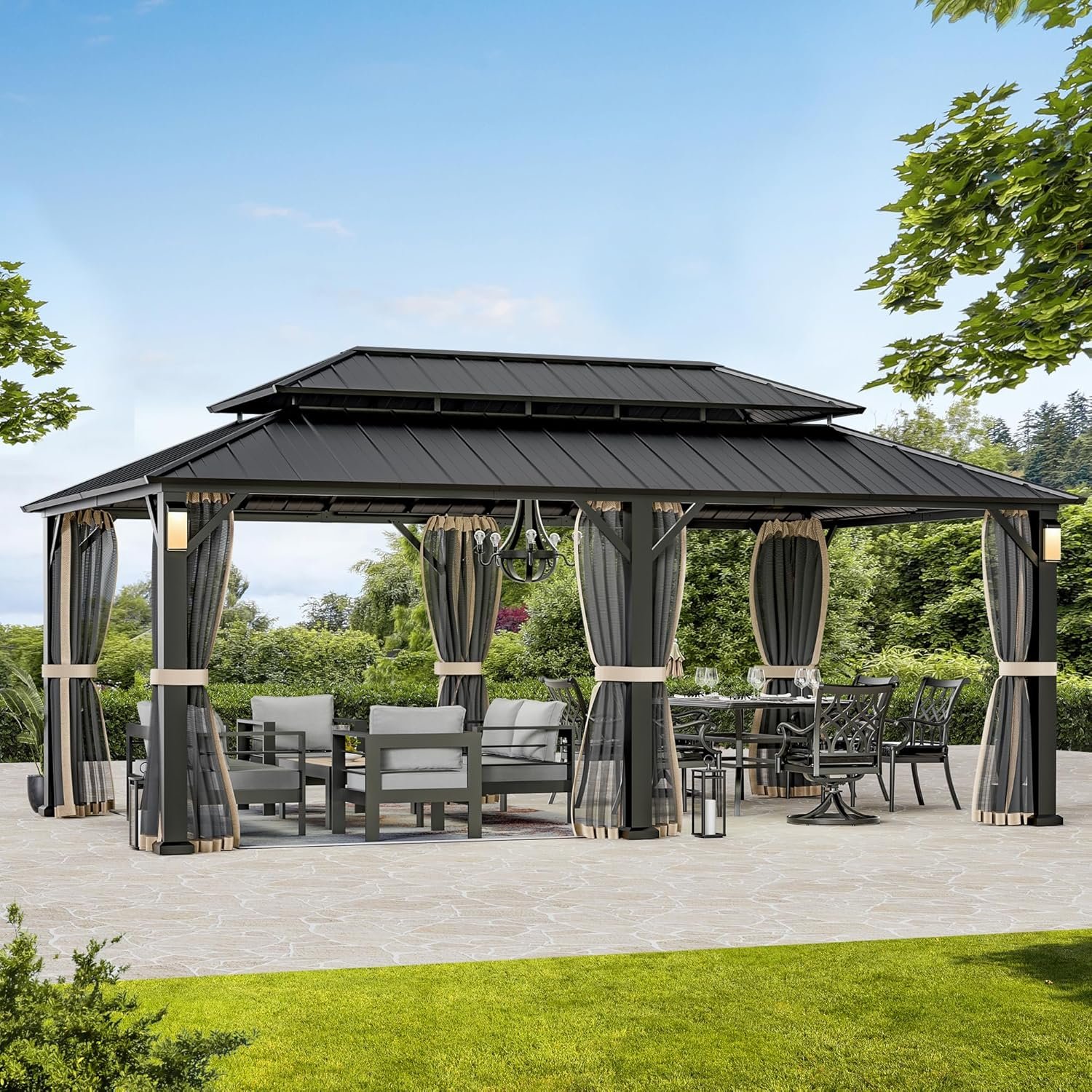 Modern Shade The Horizon Hard Top Gazebo 12′ x 20′ with 4 LED Lights, Permanent Hardtop Gazebo with Galvanized Steel Double Roof, Metal Gazebo with Decor Hooks, Mosquito Nettings for Patio, Black