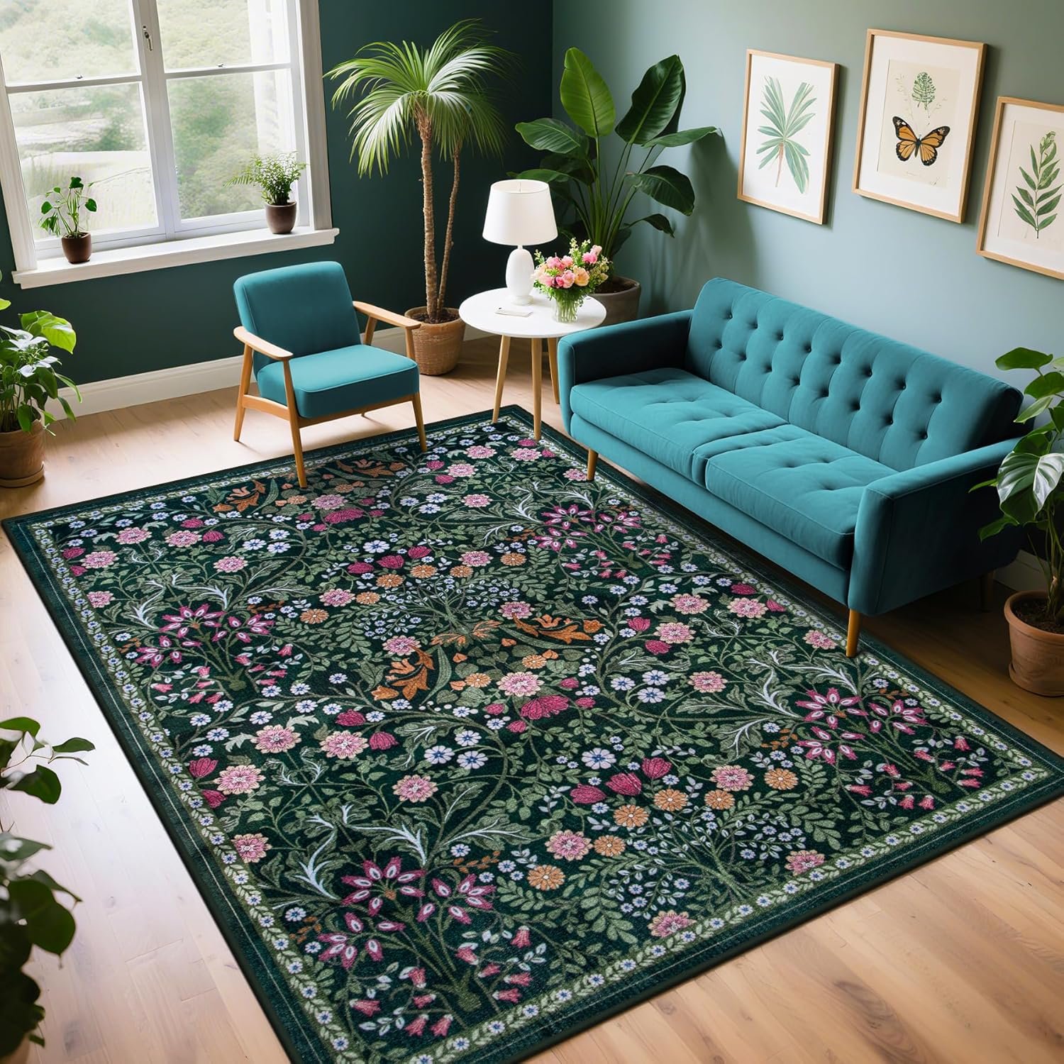 Area Rug Living Room Rugs: Floral 5×7 Washable Rug Vintage Soft Boho Non-Slip Carpet Indoor Floor Stain Resistant Large Carpets for Bedroom Dining Room Farmhouse Nursery Hallway Home Office Dark Green