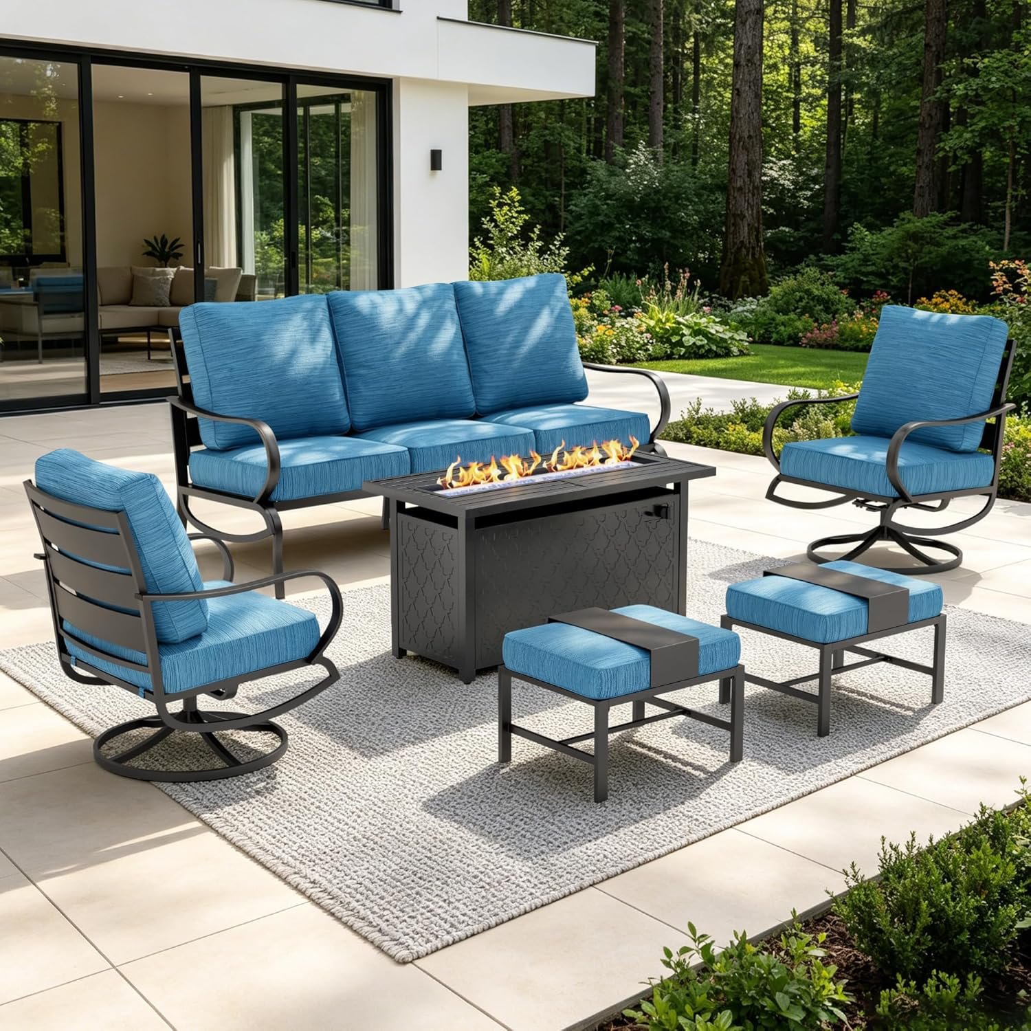 Sophia & William Patio Furniture Sets with 45″ Gas Fire Pit Table for 7 Outdoor Conversation Sets 6 Pcs, 2 x Swivel Cushioned Sofa Chairs, 1×3-Seat Sofa, 2xOttomans for Backyard Poolside Peacock Blue