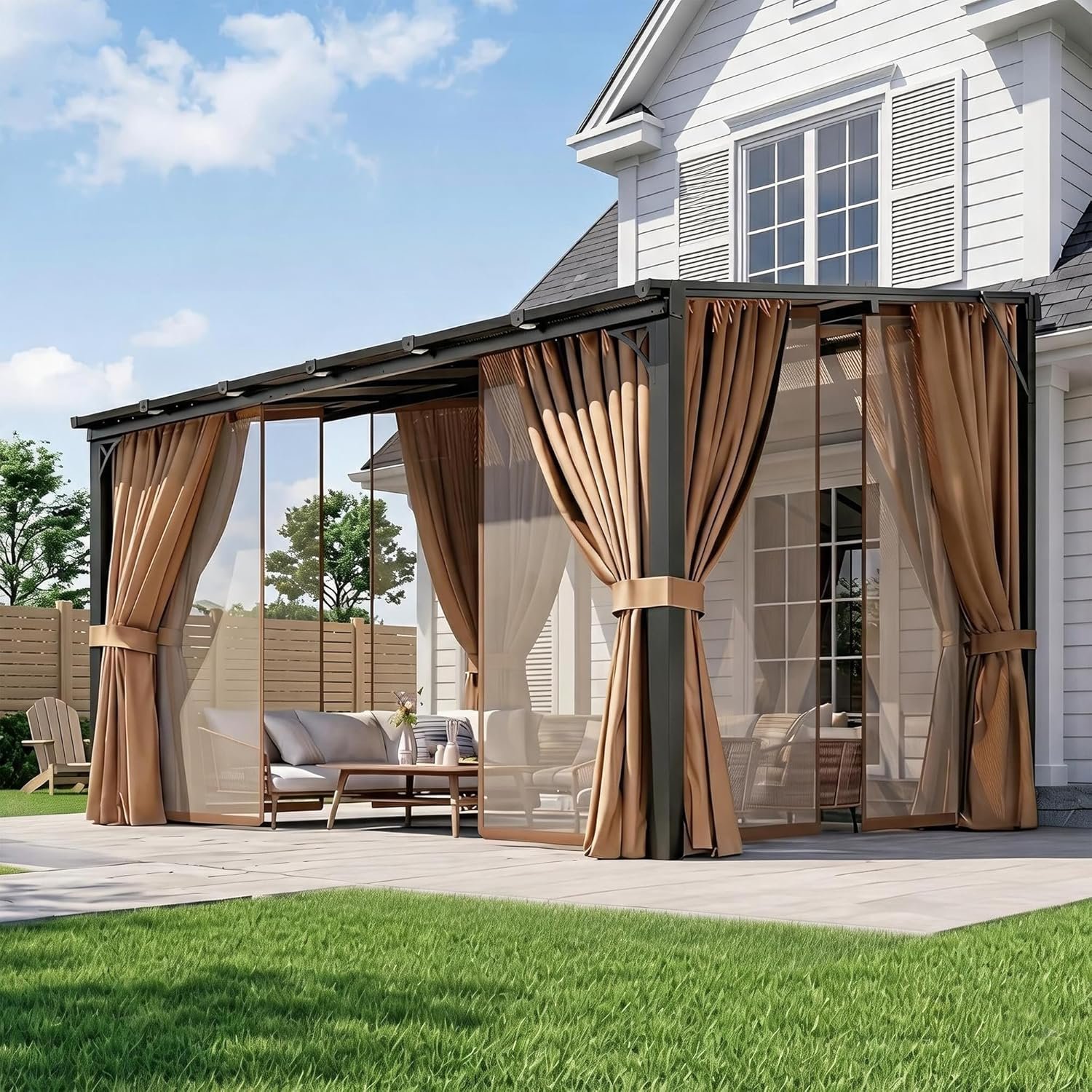 Aoxun 10’x12′ Lean to Gazebo with Mosquito Net and Curtains, Aluminum Frame, Polycarbonate Panel, Wall Mounted Pergola with Sloped Roof for Backyard, Porch, Deck