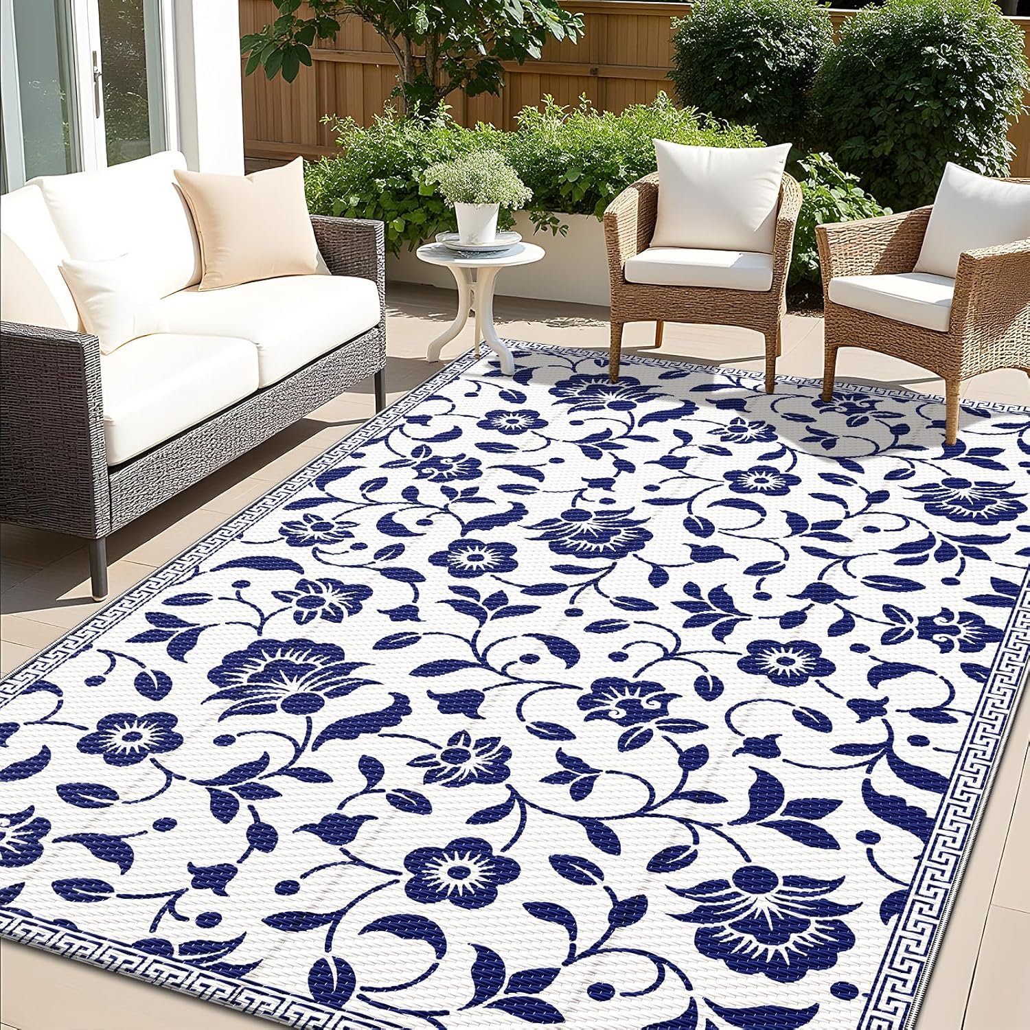 OLANLY Waterproof Outdoor Rug 5×8 ft, Outdoor Plastic Straw Rug with Flower Pattern, Reversible RV Mat for Patio, Camping, Balcony, Deck, Backyard, Navy & White
