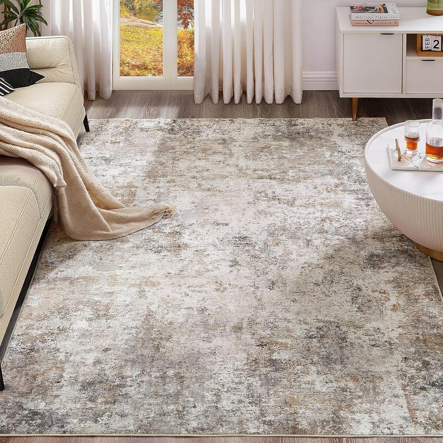 UERMEI 10×14 Area Rug Living Room Rugs – Washable Neutral Modern Abstract Soft Thin Large Rug Indoor Floor No Slip Rug Carpet for Bedroom Under Dining Table Home Office Decor – Brown Grey