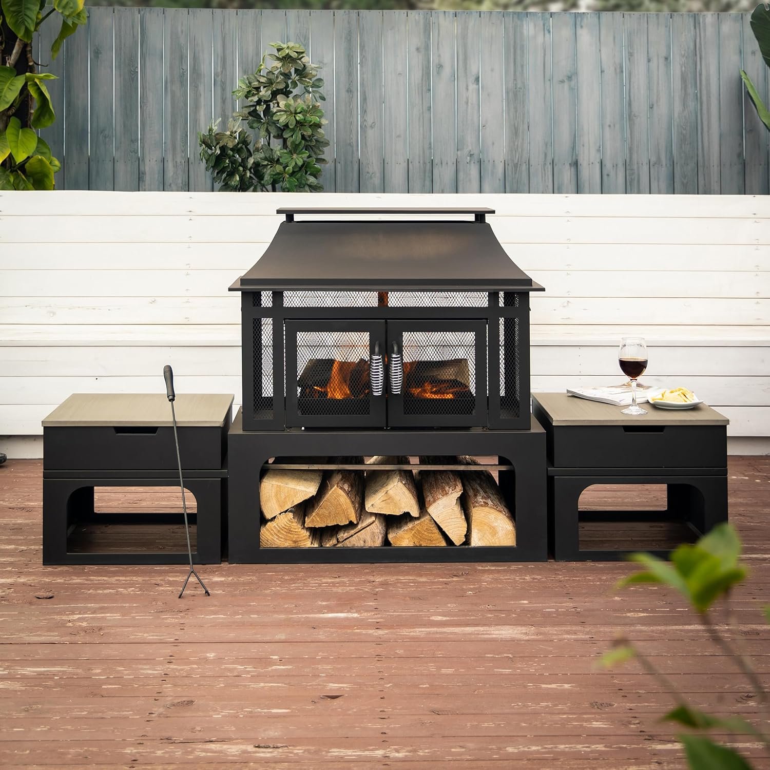 70 Inch Rectangular Outdoor Steel Woodburning Fireplace with Side Tables – Integrated Log Storage and Log Poker
