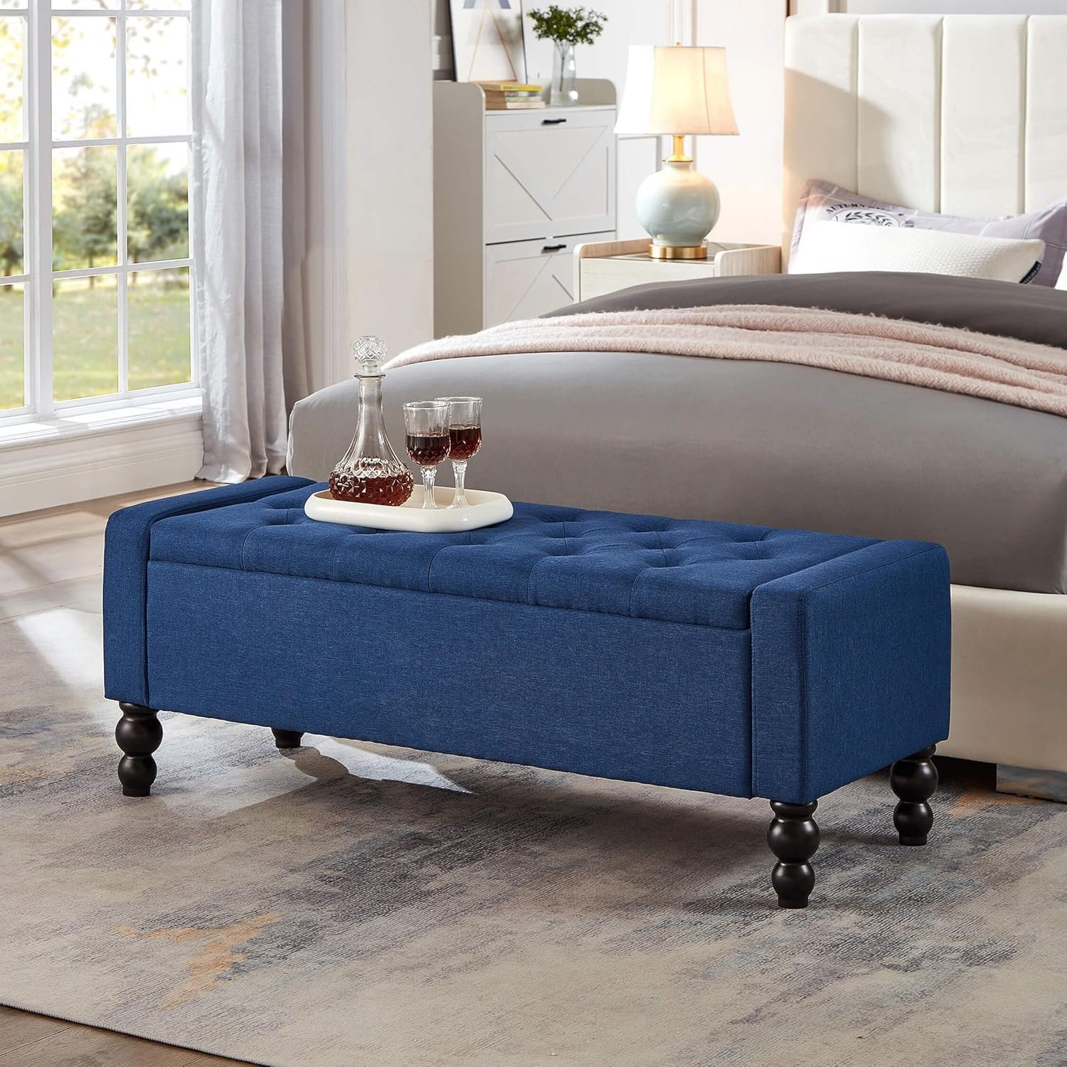 50″ W Storage Ottoman Bench with Safety Hinge, Load up to 660 lb Ottoman with Storage, Upholstered Tufted Entryway Bench with Seating for Living Room, Bedroom, Entryway, Blue