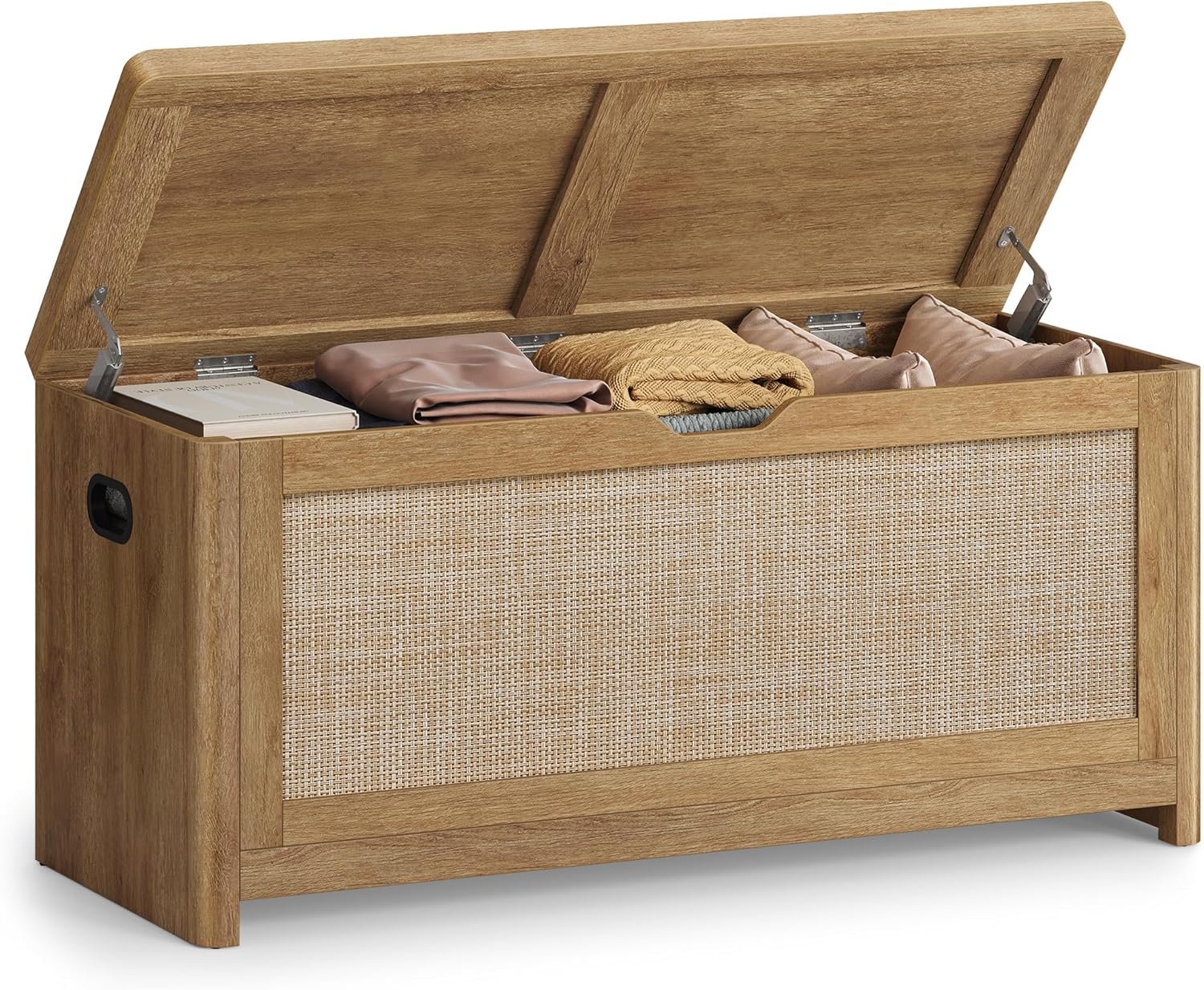 VASAGLE ELLAN Collection – Boho Storage Bench with Rattan Look, Storage Chest with Rounded Corners, Blanket Chest and Trunk with Seat for Bedroom Entryway, Natural Brown ULSB503KC01