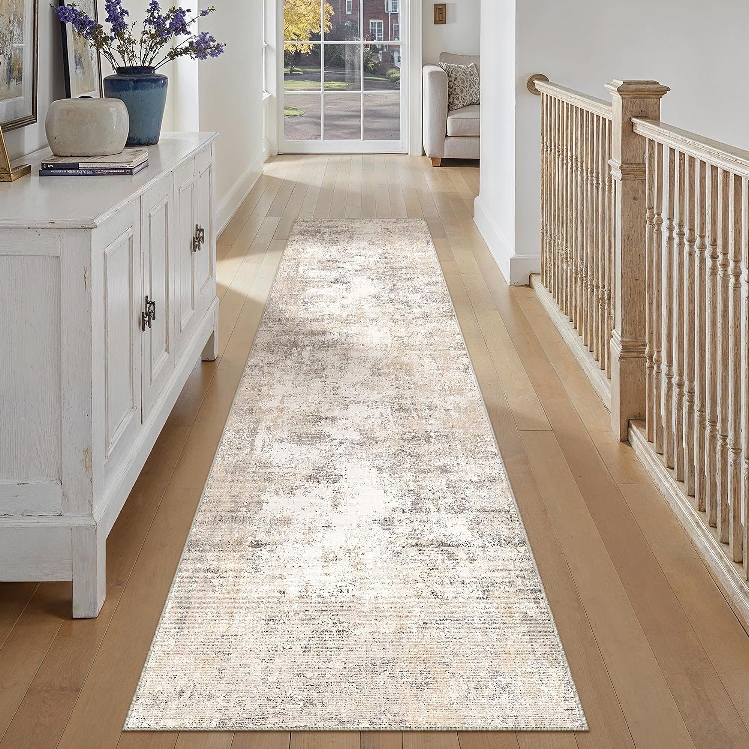 2×14 Washable Runner Rug Beige Grey Abstract Non Slip Soft Low Pile Hallway Kitchen Rug Neutral Modern Carpet for Laundry Bathroom Bedroom Living Room Home Decor