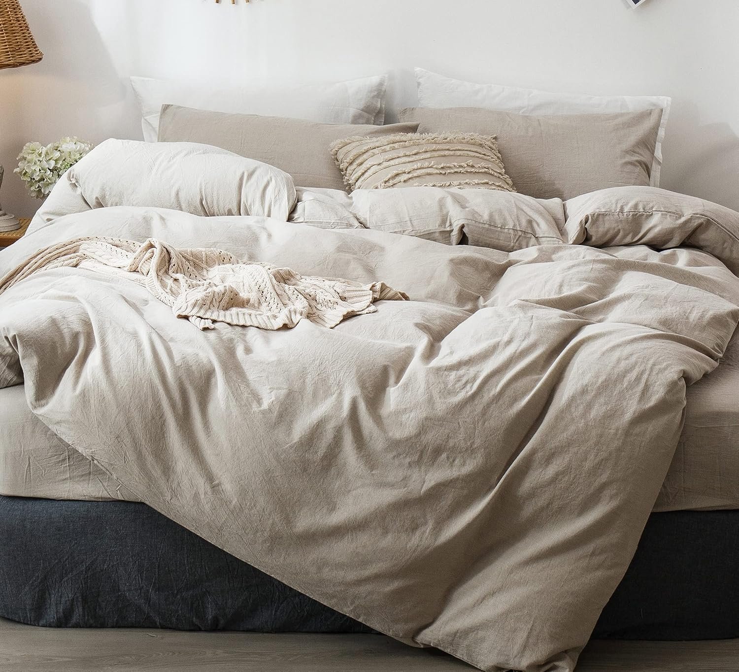 MooMee Bedding Duvet Cover Set 100% Washed Cotton Linen Like Textured Breathable Durable Soft Comfy (Heathered Tannish Linen Grey, King 104″x90″)