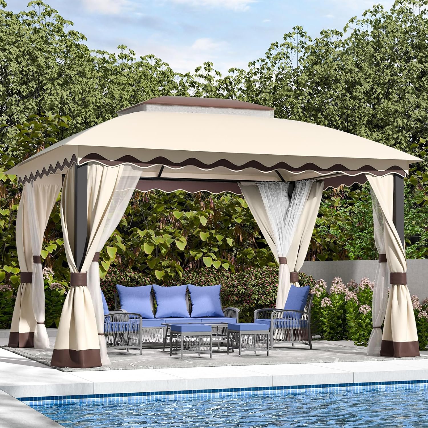 ZZW Outdoor Patio Gazebo 10×13 Heavy Duty Gazebos with Mosquito Netting & Double Roof Metal Steel Frame Canopy Gazebo Tent Shelter for Patio Lawn Backyard Garden