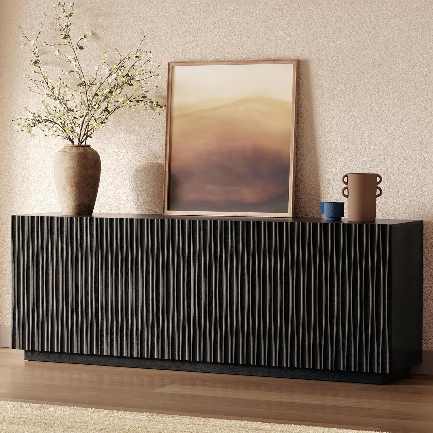 70″ Fluted TV Stand for TVs Up to 50/55/65/75″, Mid-Century Modern Entertainment Center for Living Room, Tall Sideboard & Storage Cabinet Wavy Media & TV Console, 8 Cable Holes&Soft-Close,Black Walnut