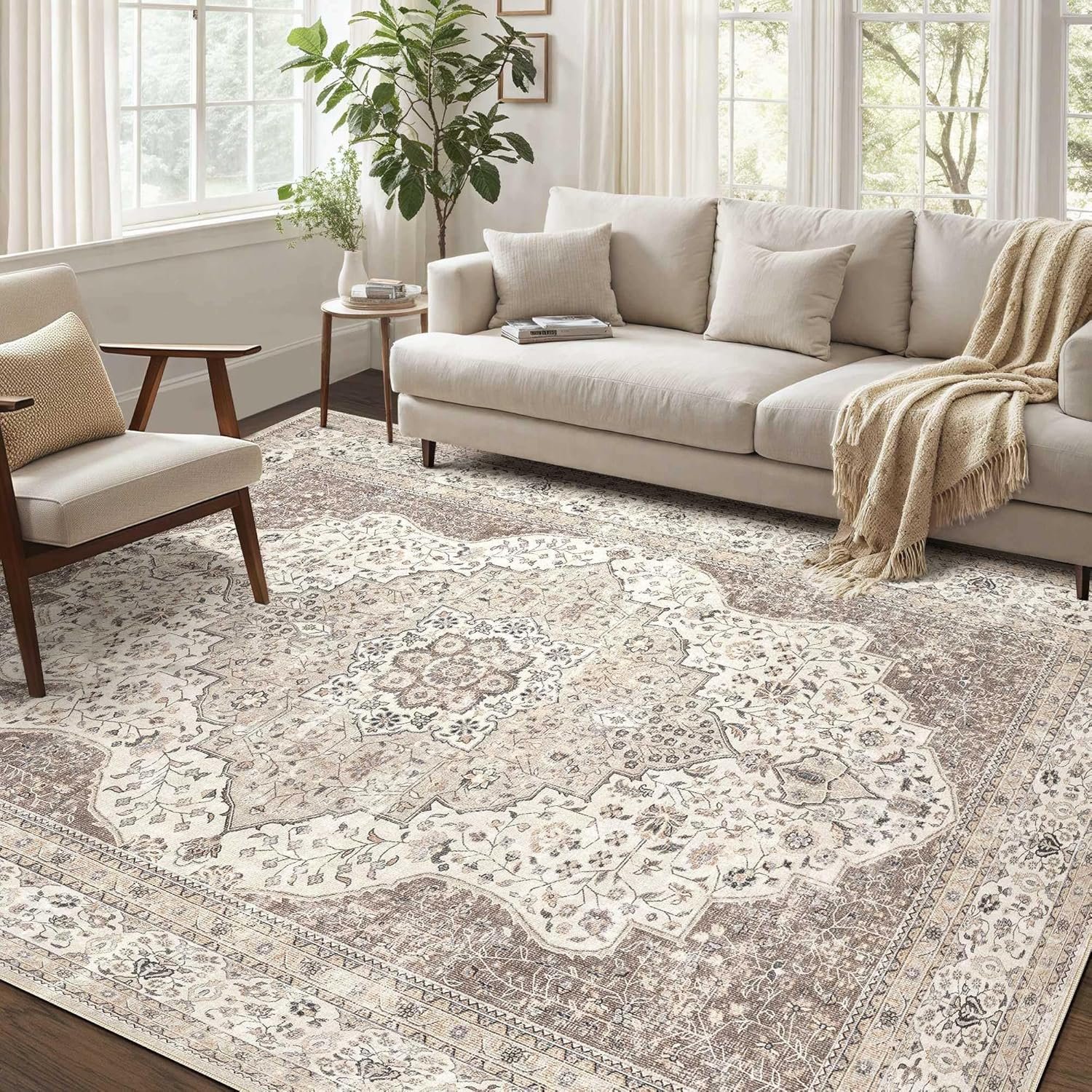 Washable Rug 10×14 Area Rugs for Living Room Bedroom Dining Room Home Office Floor Decor-Stain & Fade Resistant Non Slip Backing Carpet,Ultra-Thin Vintage Large Carpets(Brown/Beige,10’x14′)