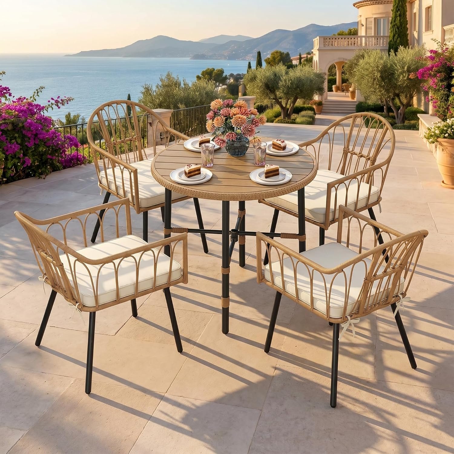 DWVO 5 Piece Patio Dining Sets, Outdoor Dining Furniture Set with 2″ Umbrella Hole, Wicker Rattan Round Table and Chairs Set with Comfortable Cushions for Patio, Balcony, Backyard, Beige