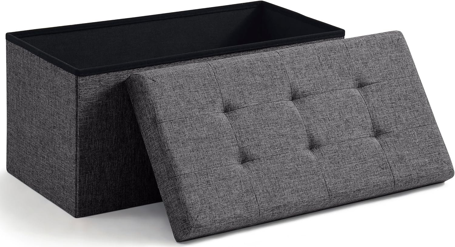 Ornavo Home Folding Storage Ottoman, 30 Inch Large Storage Bench with Lid, Foot Rest Stool for Bedroom, Living Room, Entryway, Tufted Linen Upholstered – Dark Gray