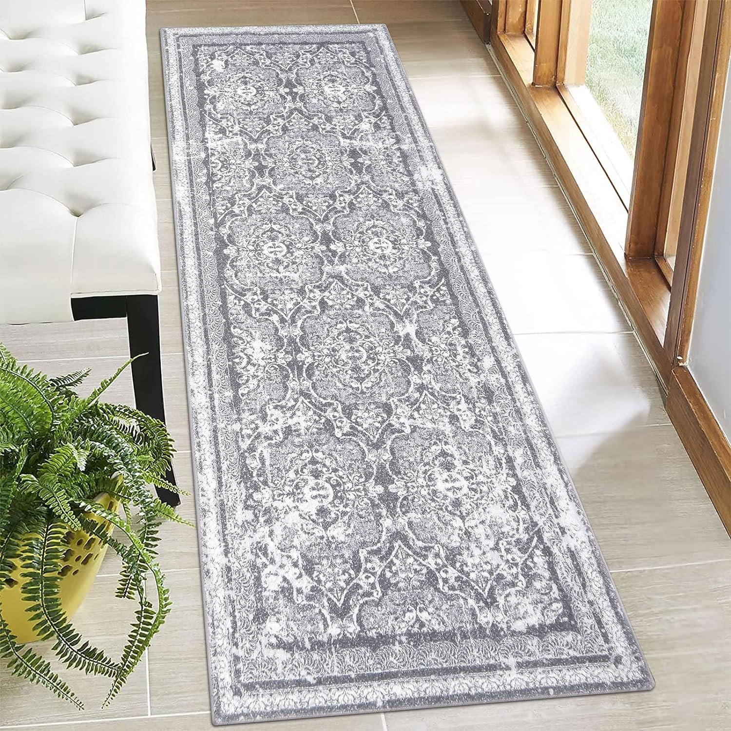 Vaukki Hallway Runner Rug, Vintage Shaggy Soft Laundry Rug 2′ x 6′, Non Slip Boho Entryway Runner Mat, Grey Washable Farmhouse Kitchen Area Carpet Runner for Bathroom, Entryway and Bedroom