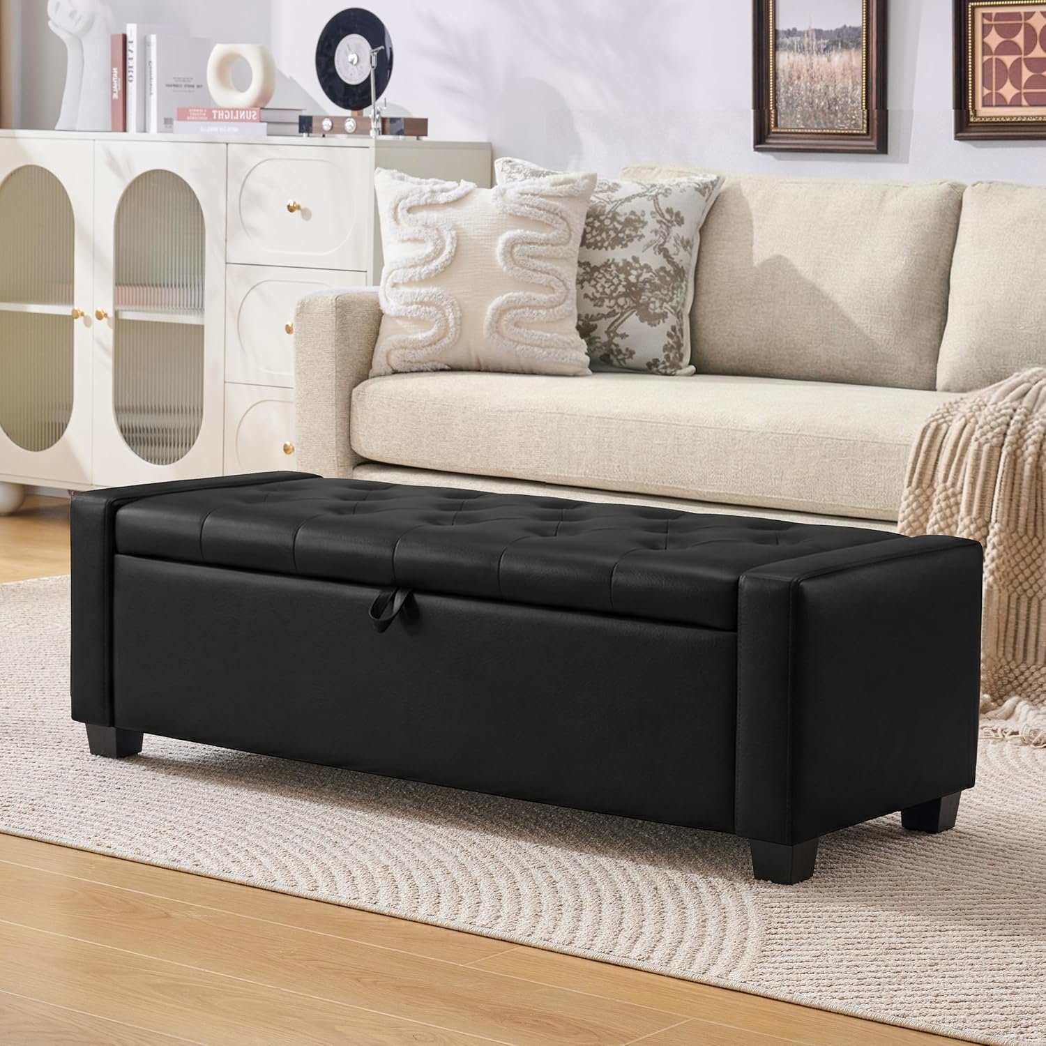 Huatean Home 48″ Ottoman with Storage, Storage Ottoman Bench with Safety Hinge, Upholstered Entryway Bench with Seating for Bedroom, Living Room, Holds up to 330 lb, Light Black
