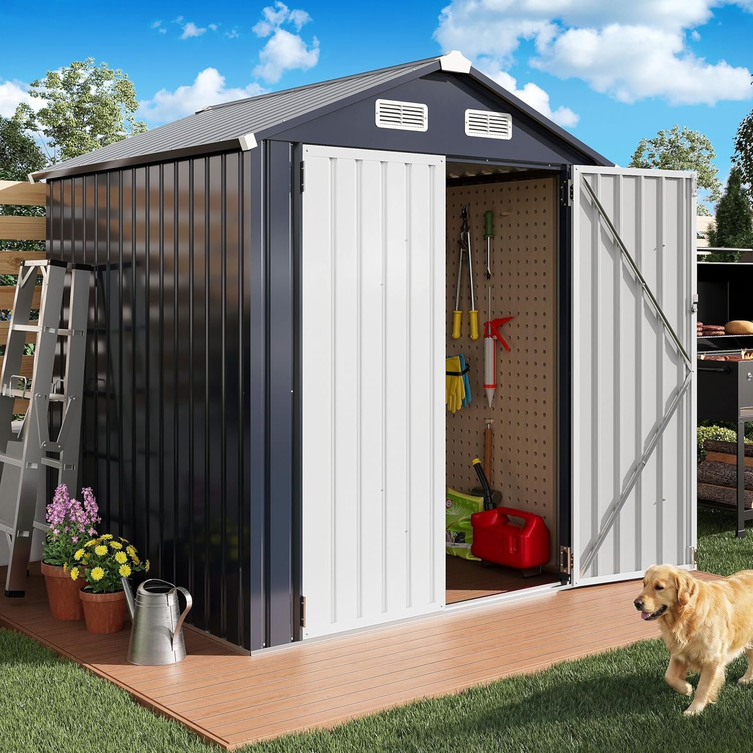 IRONCK 5.7×5.7FT Storage Shed, Outdoor Tool Shed with Lockable Doors and Breathable Vent, Outside Metal Garden Storage for Poolside, Backyard, Patio, Dark Blue