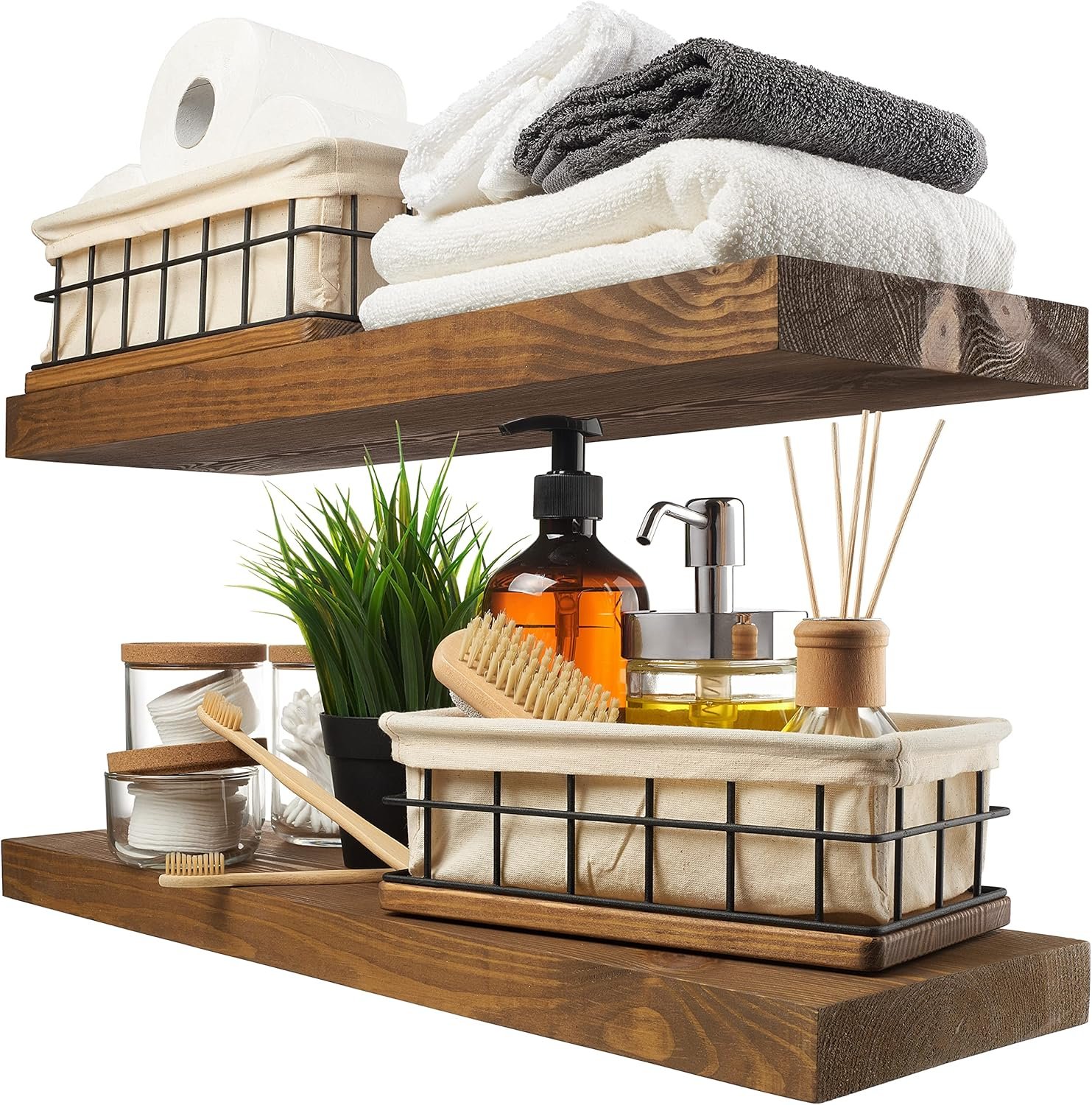 BAOBAB WORKSHOP Wood Floating Shelves, Bathroom Shelf 24 inch, Walnut Floating Shelf for Wall Mounted, Solid Wooden Wall Shelves for Bedroom Kitchen, Walnut Finish, 24 x 6.7, Set of 2