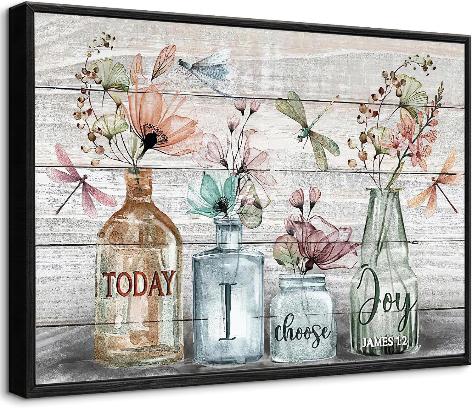 Black Framed Rustic Farmhouse Bathroom Wall Art – Flower Dragonfly Today I Choose Joy Canvas Prints Modern Home Decoration for Living Room Bedroom, 12×16 Inch